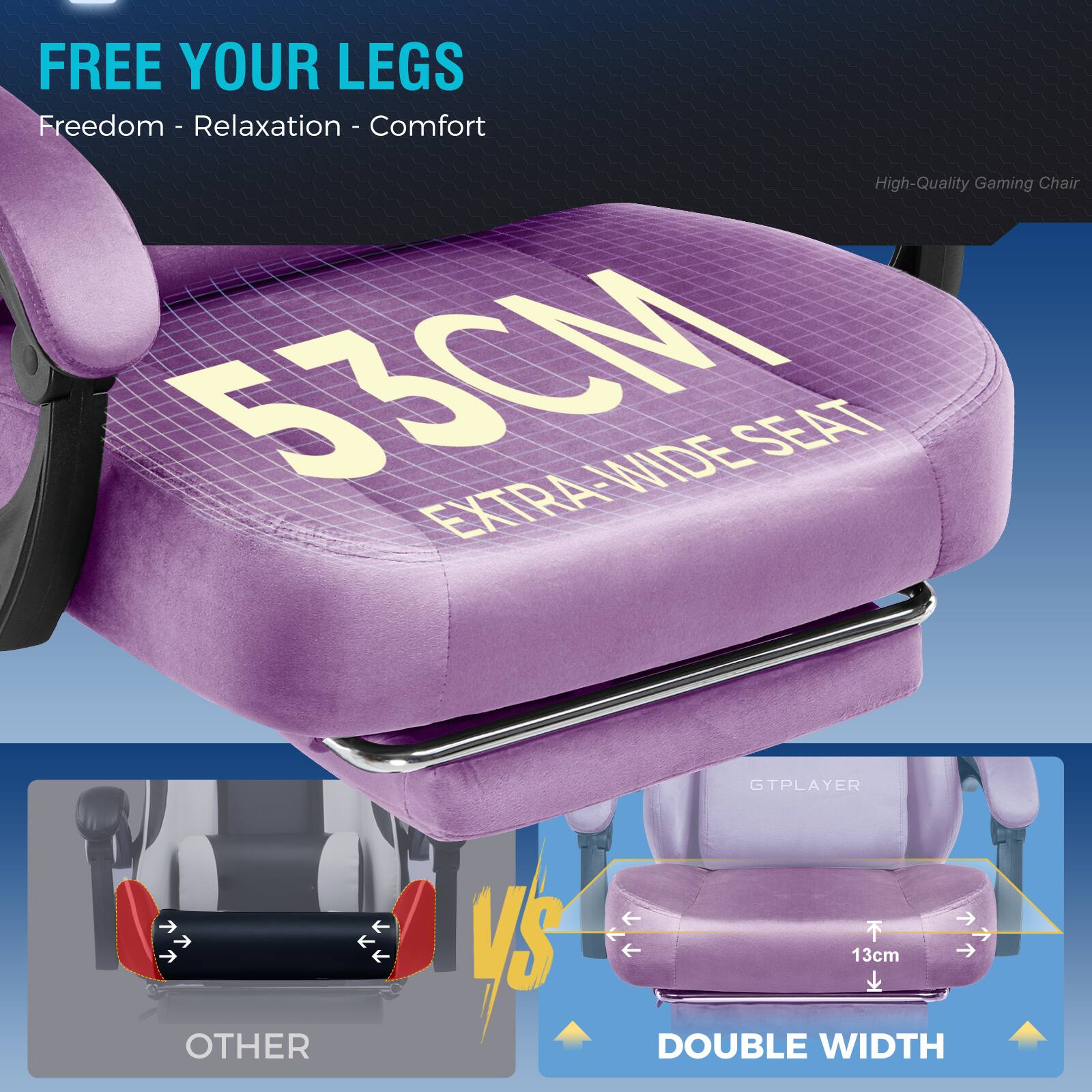 FREE YOUR LEGS  
Freedom - Relaxation - Comfort  
High-Quality Gaming Chair  
53CM EXTRA-WIDE SEAT  

GTPLAYER  
13cm  
OTHER  
DOUBLE WIDTH