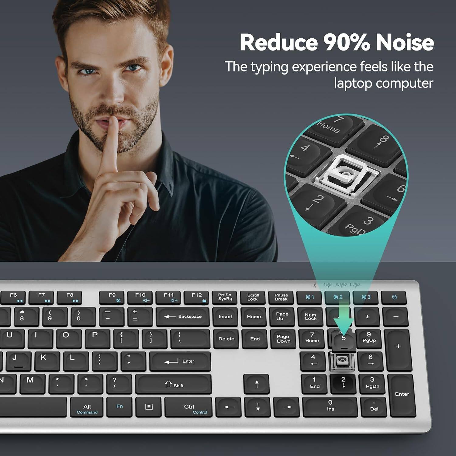 Reduce 90% Noise  
The typing experience feels like the laptop computer

7 Home 4  
8  
2  
3 PgD  
6  
F6  
F7  
F8  
F9  
F10  
F11  
F12  
PrtSc SysRq  
Scroll Lock  
Pause Break  
1  
1/3/1 A/32 1/33 2  
GO  
* 8  
( 9  
) 0  
- -  
+ =  
Backspace  
Insert  
Home  
Page Up  
Num Lock  
U  
I  
O  
P  
{ [  
] }  
Delete  
End  
Page Down  
7 Home  
5  
9 PgUp  
+  
J  
K  
L  
"  
Enter  
4  
6  
N  
M  
<  
> Alt Command  
? / Fn  
E  
Shift Ctrl Control  
1 End  
0 Ins  
2  
3 PgDn Del  
Enter
