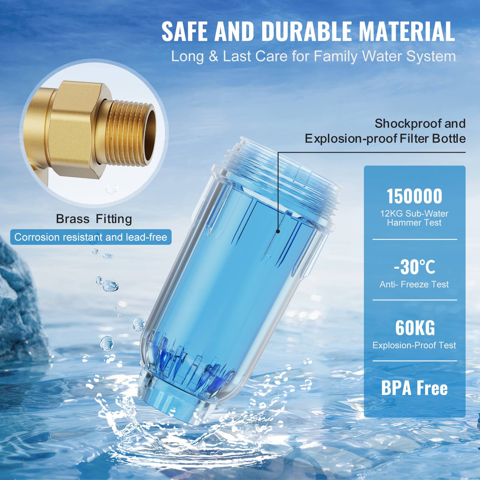 SAFE AND DURABLE MATERIAL  
Long & Last Care for Family Water System  

Brass Fitting  
Corrosion resistant and lead-free  

Shockproof and Explosion-proof Filter Bottle  

150000  
12KG Sub-Water Hammer Test  

-30°C  
Anti-Freeze Test  

60KG  
Explosion-Proof Test  

BPA Free