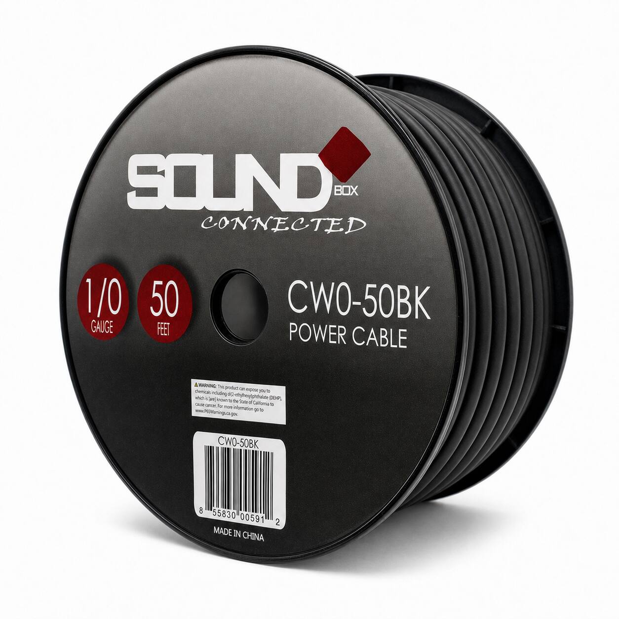SOUND BOX CONNECTED  
1/0 GAUGE  
50 FEET  
CWO-50BK POWER CABLE  
A WARNING: This product may expose you to chemicals including di(2-ethylhexyl) phthalate (DEHP), which is known to the State of California to cause cancer. For California Proposition 65 warnings, go to www.P65Warnings.ca.gov.  
CWO-50BK  
8 55830 00591 2  
MADE IN CHINA