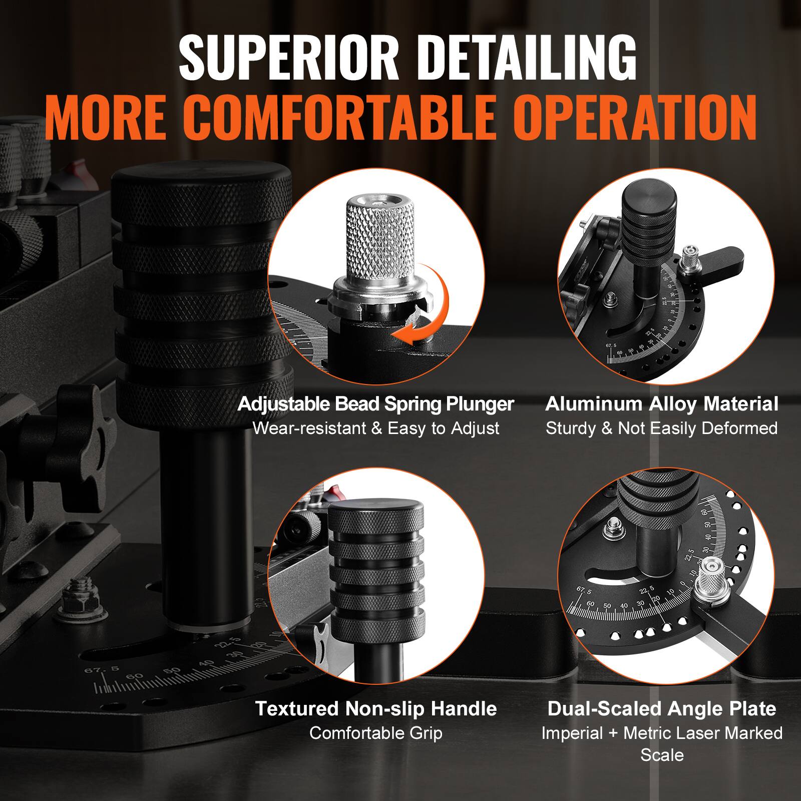 SUPERIOR DETAILING  
MORE COMFORTABLE OPERATION  

- Adjustable Bead Spring Plunger  
  Wear-resistant & Easy to Adjust  

- Aluminum Alloy Material  
  Sturdy & Not Easily Deformed  

- Textured Non-slip Handle  
  Comfortable Grip  

- Dual-Scaled Angle Plate  
  Imperial + Metric Laser Marked Scale