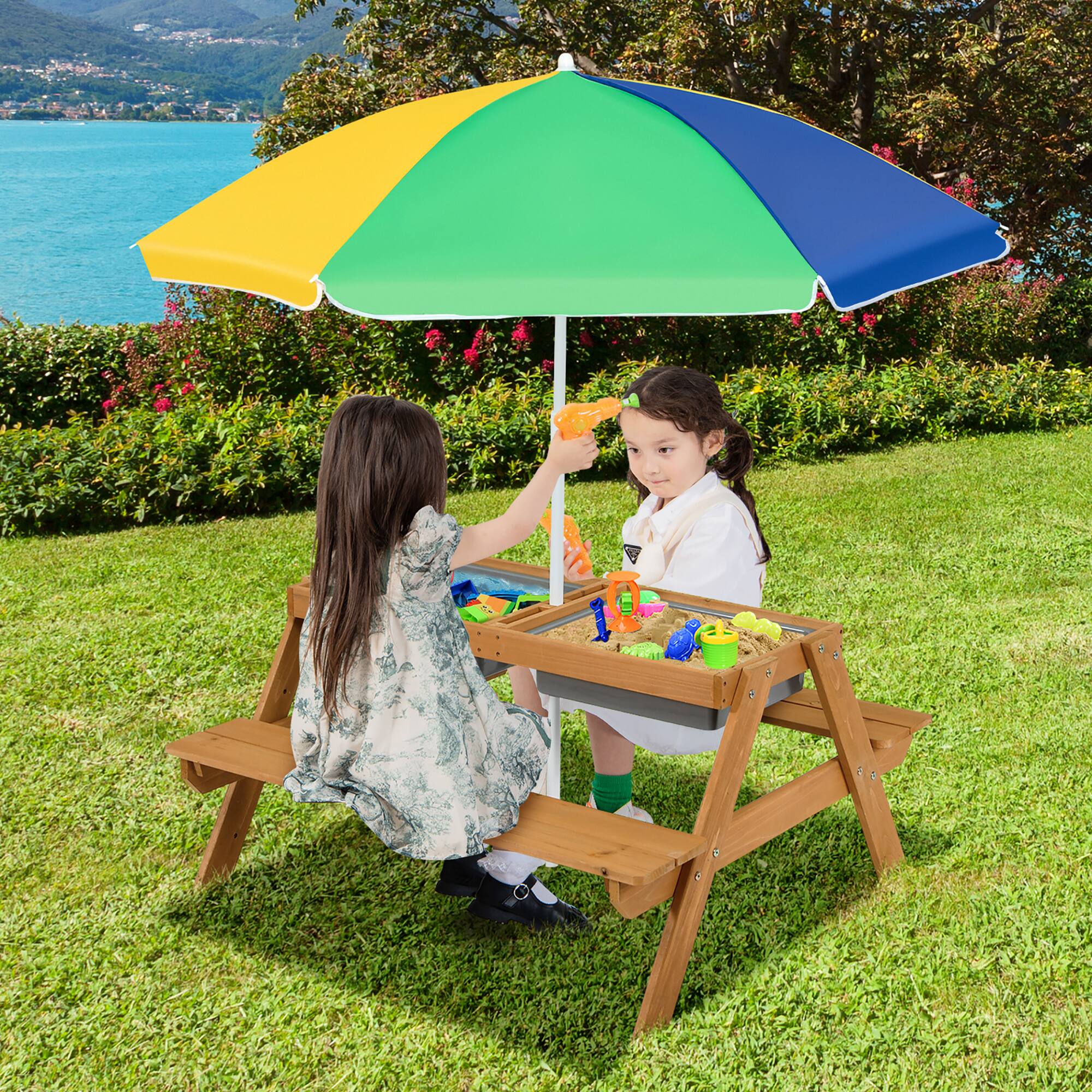 Alt View 10. Costway - Costway 3-in-1 Kids Picnic Table Wooden Outdoor Sand & Water Table with Umbrella Play Boxes - Green.
