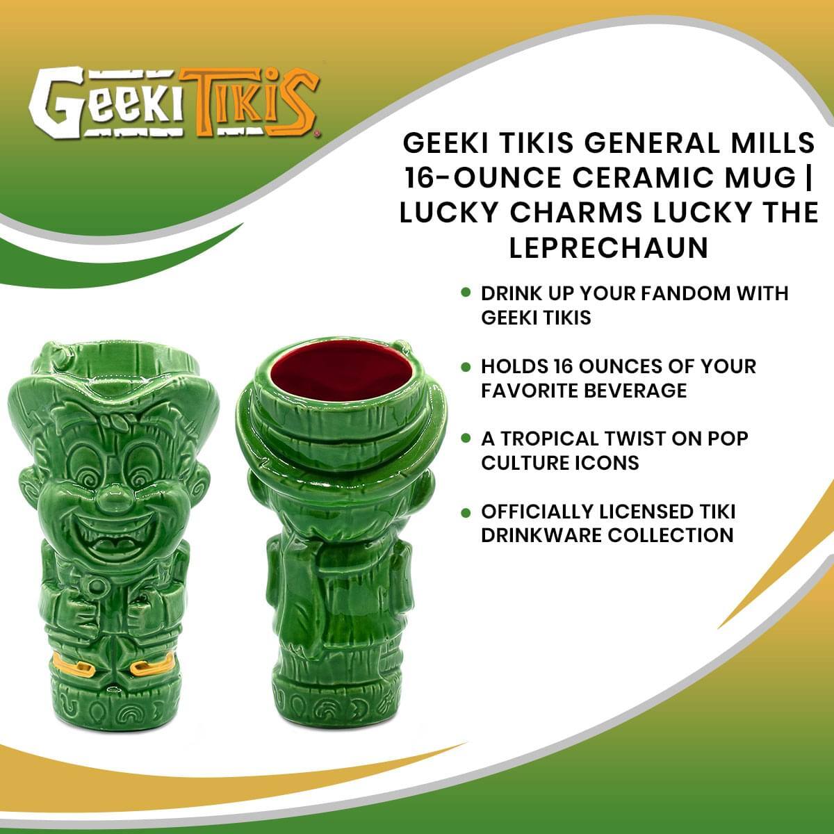Geeki Tikis General Mills 16-Ounce Ceramic Mug | Lucky Charms Lucky the Leprechaun

- Drink up your fandom with Geeki Tikis
- Holds 16 ounces of your favorite beverage
- A tropical twist on pop culture icons
- Officially licensed tiki drinkware collection