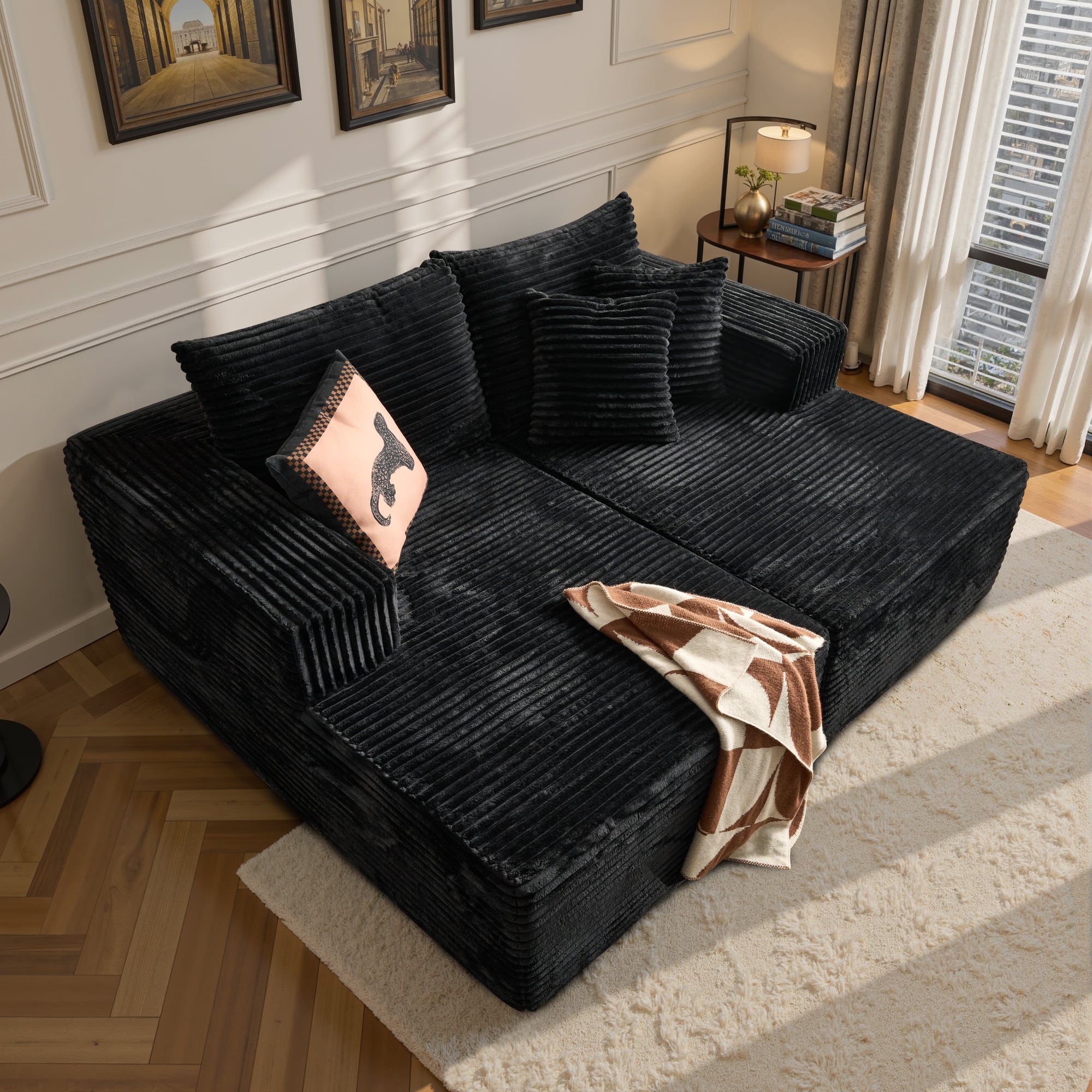 Ovios - 75" Double Chaise Lounge, Extra Large Sofa Bed, Plush Corduroy Sleeper Bed - Black
