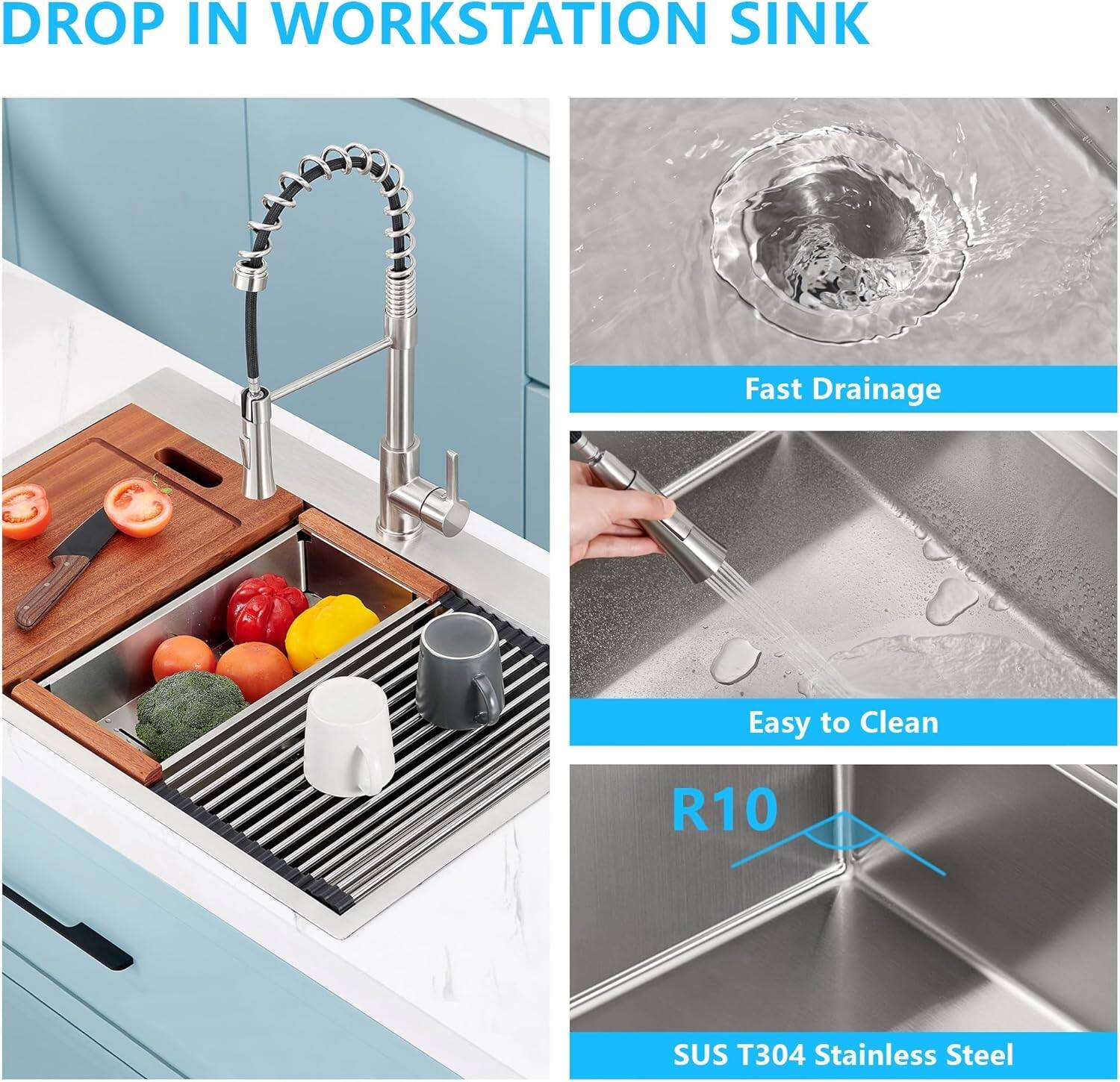 DROP IN WORKSTATION SINK

- Fast Drainage
- Easy to Clean
- R10
- SUS T304 Stainless Steel