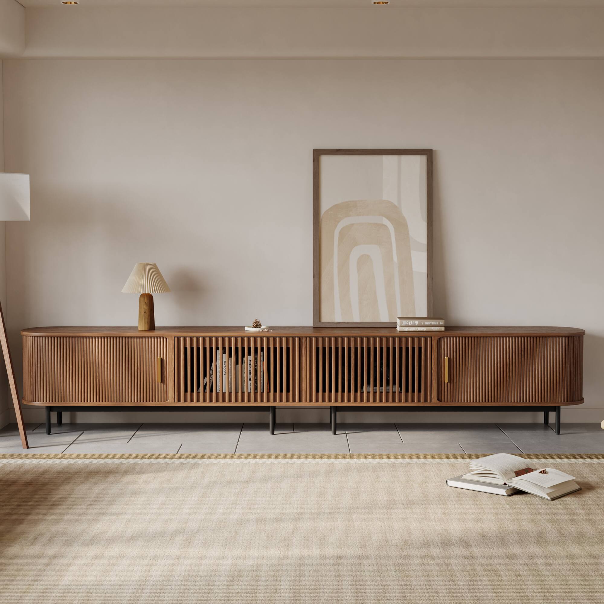 Angle. POVISON - 118"Mid-Century Modern Tambour Door TV Stand - Walnut.