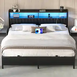 Aheaplus - Upholstered Faux Leather Bed Frame: Charging Station, Adjustable Headboard, LED Lights & Steel Slat Support - Black
