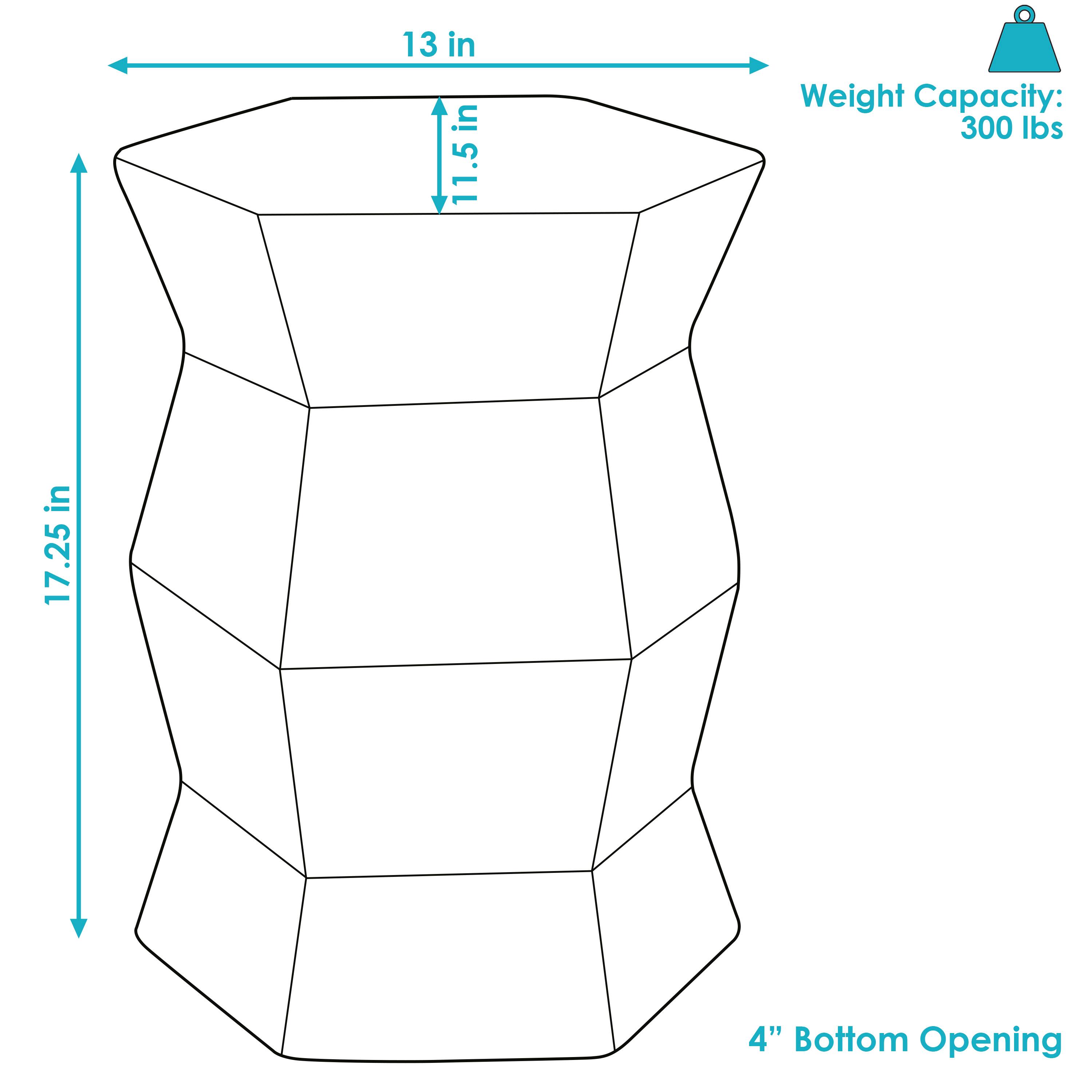 13 in  
11.5 in  
17.25 in  
Weight Capacity: 300 lbs  
4" Bottom Opening