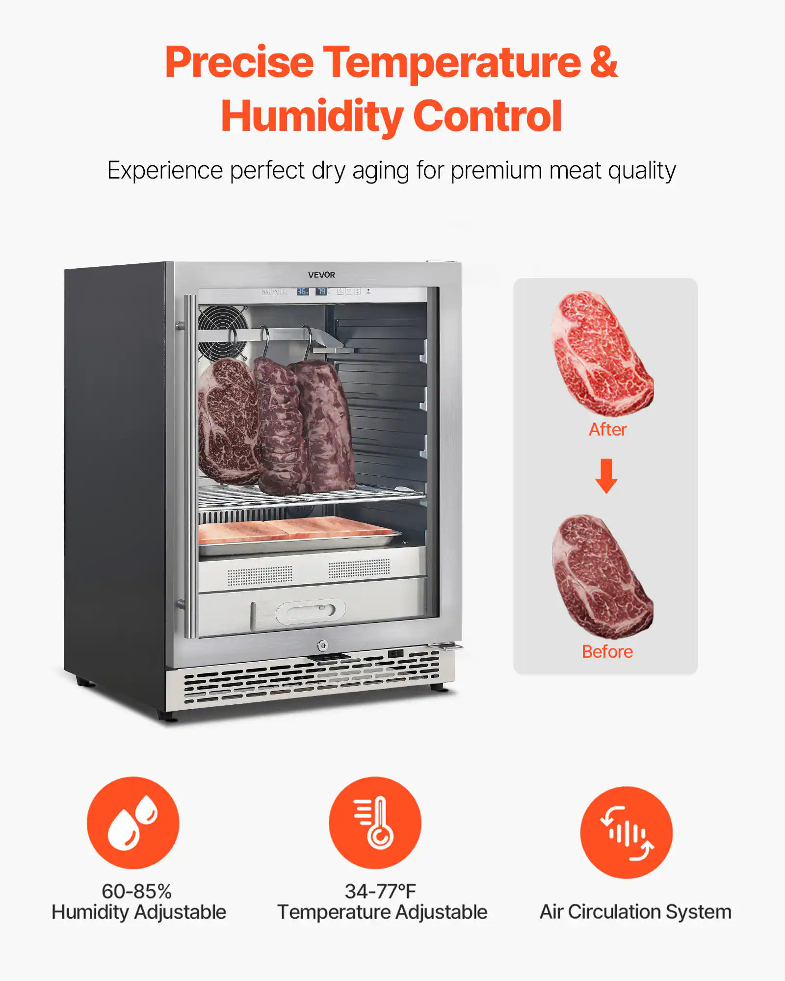 Precise Temperature & Humidity Control

Experience perfect dry aging for premium meat quality

60-85% Humidity Adjustable

34-77°F Temperature Adjustable

Air Circulation System

After
Before