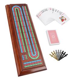 GSE Games & Sports Expert - Multi Color 3-Track Wooden Cribbage Board Box with 2 Deck Playing Cards, 9 Metal Pegs and Drawer