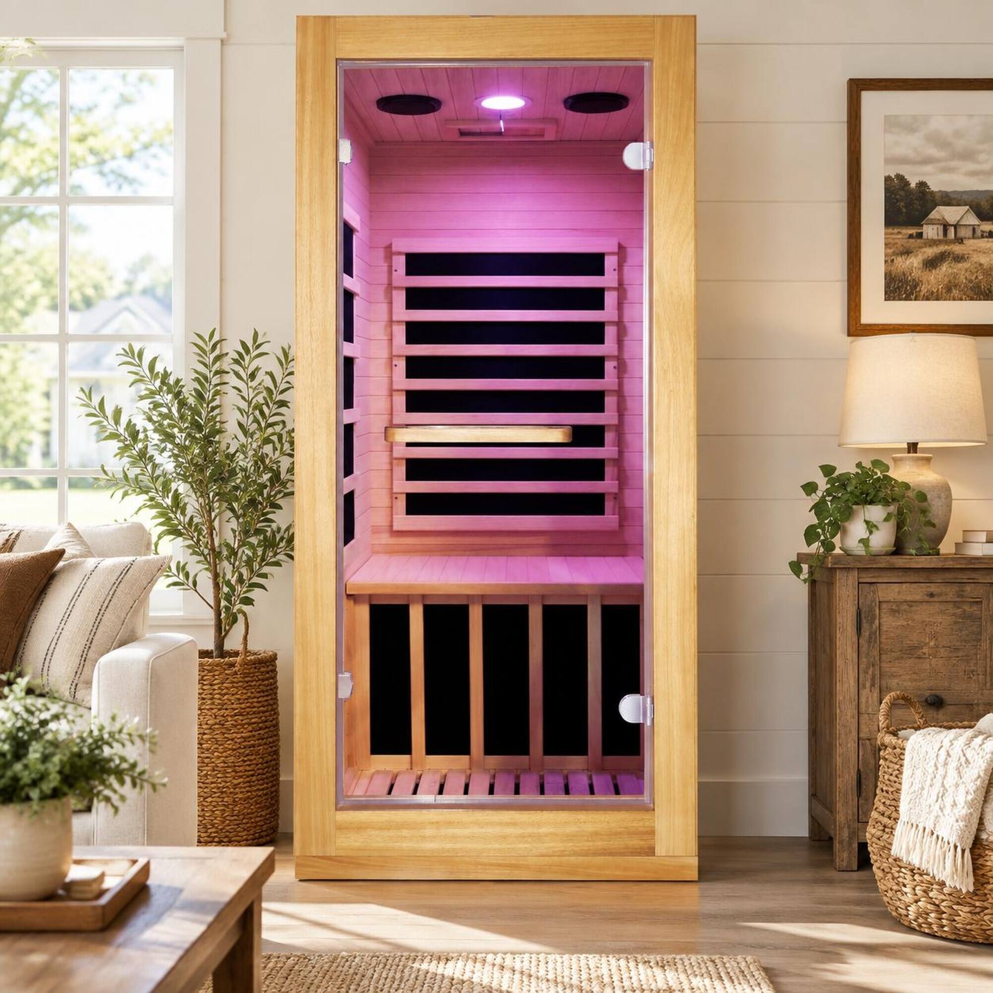 Alt View 1. RYHNUYNE - Infrared Sauna Room, Single Person, 900W, 5 Epoxy Heating Plates, AUS Wood, 10-Color Downlight, 100 kg Seat Capacity - Natural.