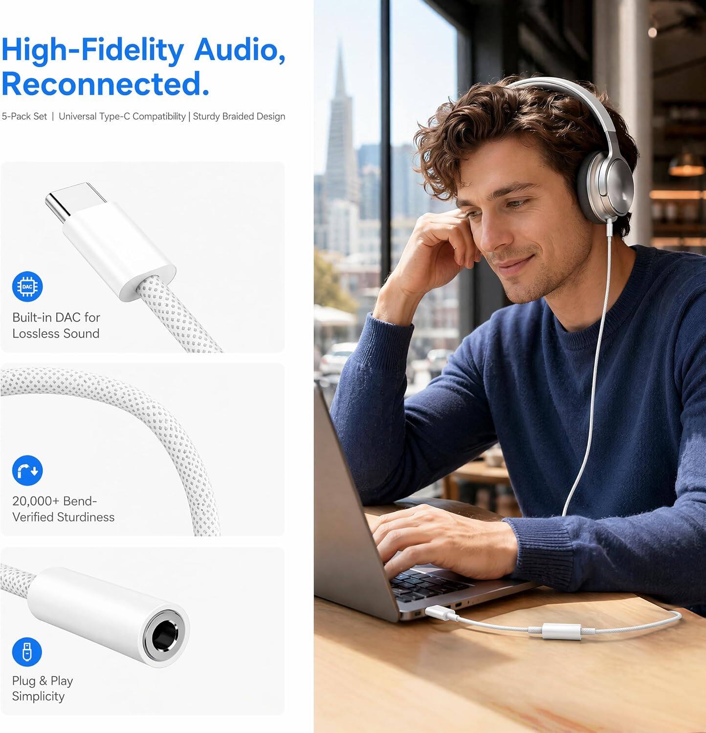 High-Fidelity Audio, Reconnected.  
5-Pack Set | Universal Type-C Compatibility | Sturdy Braided Design  

Built-in DAC for Lossless Sound  
20,000+ Bend-Verified Sturdiness  
Plug & Play Simplicity
