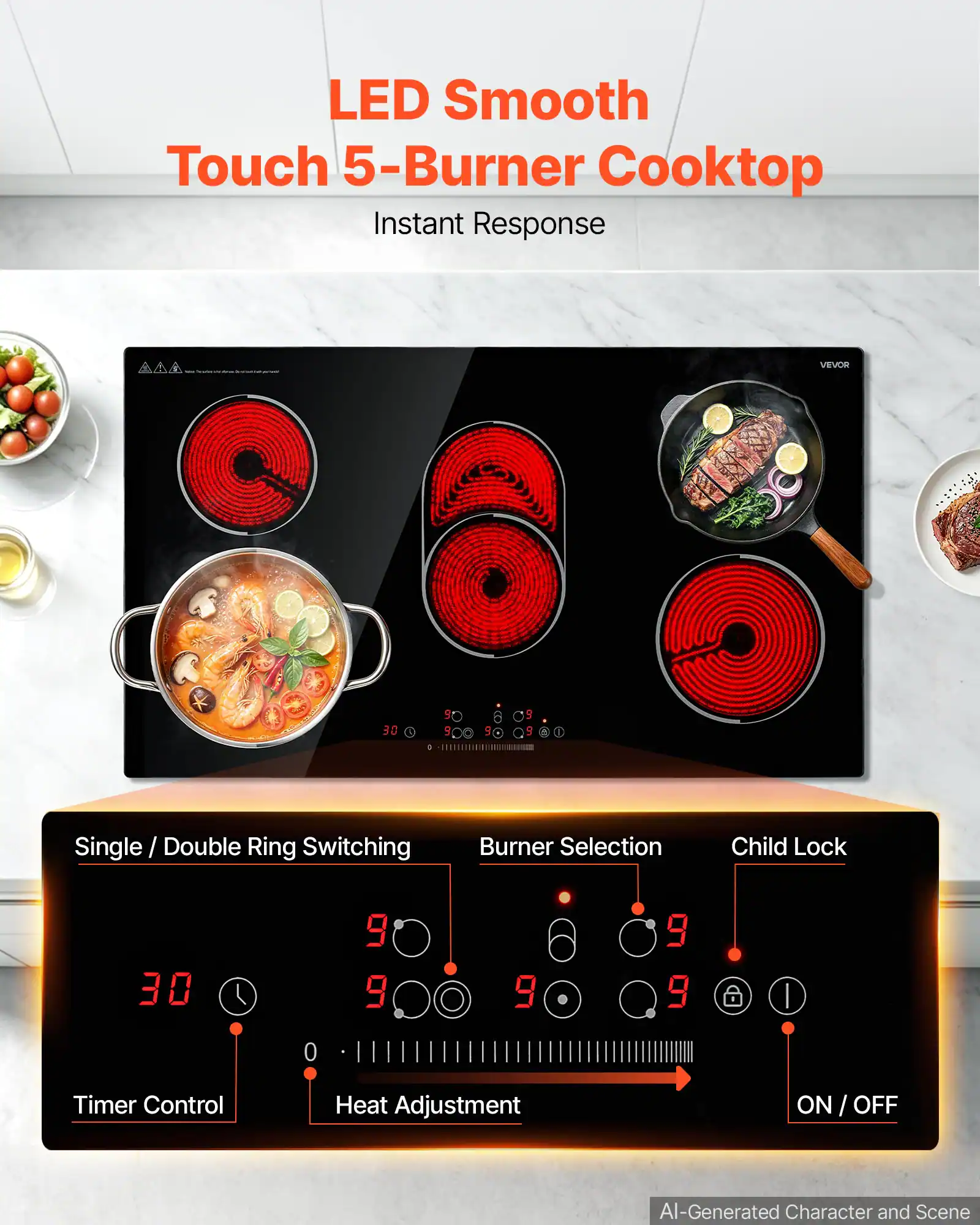 LED Smooth Touch 5-Burner Cooktop Instant Response

VEVOR

Single / Double Ring Switching
Burner Selection
Child Lock
Timer Control
Heat Adjustment
ON / OFF

AI-Generated Character and Scene