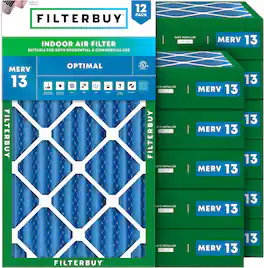 Filterbuy - 12x25x4 MERV 13 Smoke & Allergy Defense, Electrostatic Pleated HVAC AC Furnace Air Filters Replacement (12-Pack) - Blue