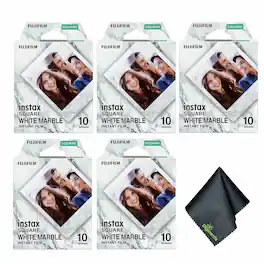 Fujifilm - 5xFUJIFILM INSTAX SQUARE White Marble Instant Film (10 Exposures), Microfiber Cleaning Cloth, Bundle