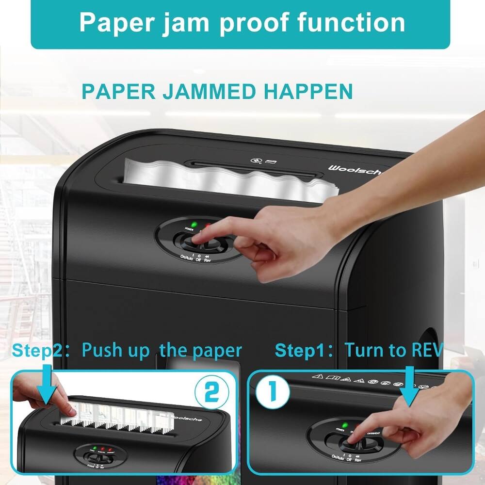 Paper jam proof function  
PAPER JAMMED HAPPEN  

Step1: Turn to REV  
Step2: Push up the paper