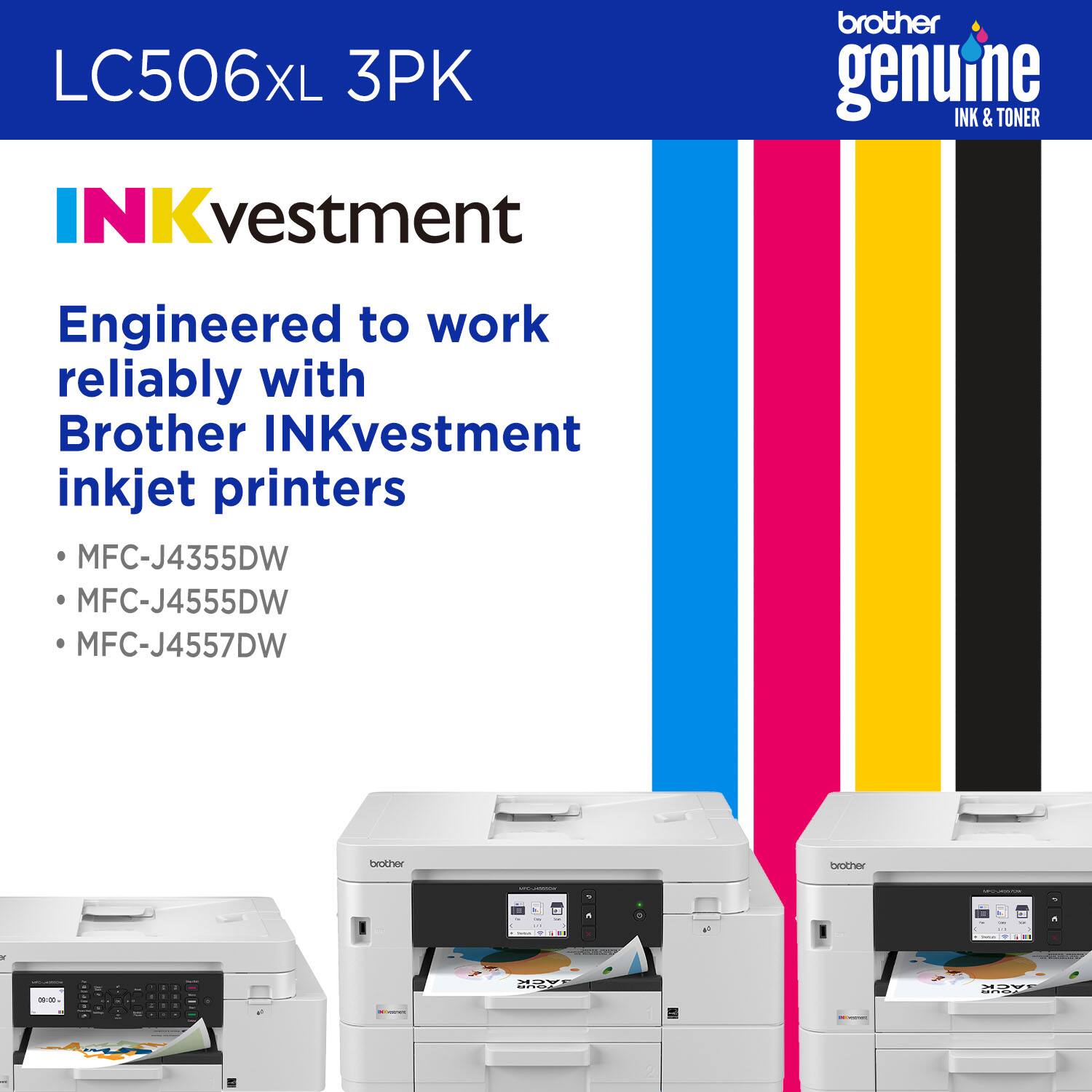 LC506XL 3PK, brother genuine INK & TONER, NKvestment, Engineered to work reliably with Brother INKvestment inkjet printers, MFC-J4355DW, MFC-J4555DW, MFC-J4557DW, brother, M, M