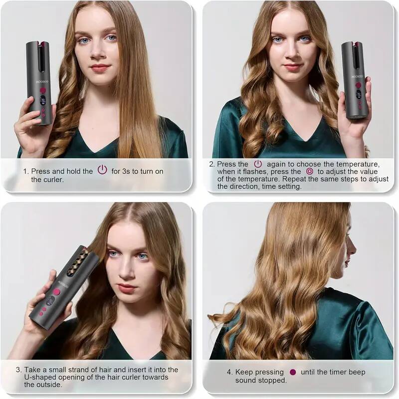 1. Press and hold the power button for 3s to turn on the curler.
2. Press the power button again to choose the temperature. When it flashes, press the temperature button to adjust the value of the temperature. Repeat the same steps to adjust the direction, time setting.
3. Take a small strand of hair and insert it into the U-shaped opening of the hair curler towards the outside.
4. Keep pressing the power button until the timer beep sound stopped.