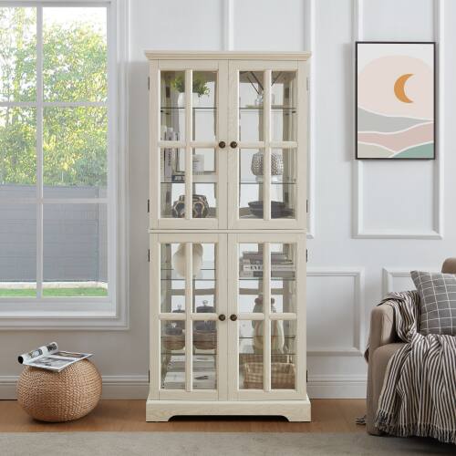 Angle. LUCKY ONE - Freestanding Curio Display Cabinet with Glass Doors Adjustable Shelves E26 Bulb Included for Collectibles - White.