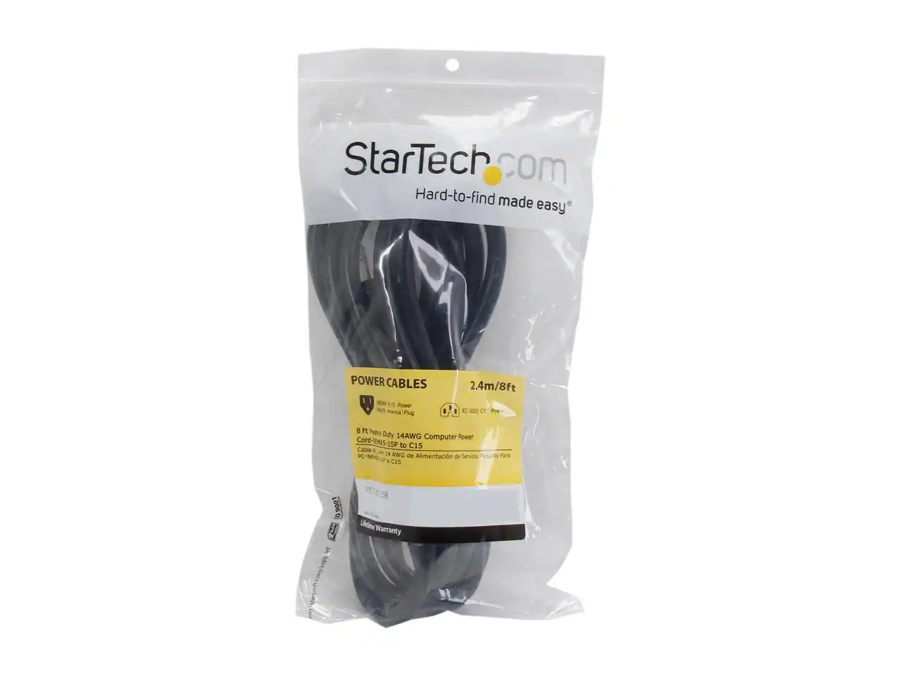 StarTech.com  
Hard-to-find made easy

POWER CABLES  
2.4m/8ft  
NEMA 5-15 Power (No America) Plug  
8 ft Heavy Duty 14AWG Computer Power Cord-MENAS-15P to C15 Cable PC 14 AWG de Alimentación Servicio Pesado Para NEMO de D C15  
9001 di  
PX318C158  
Lifetime Warranty