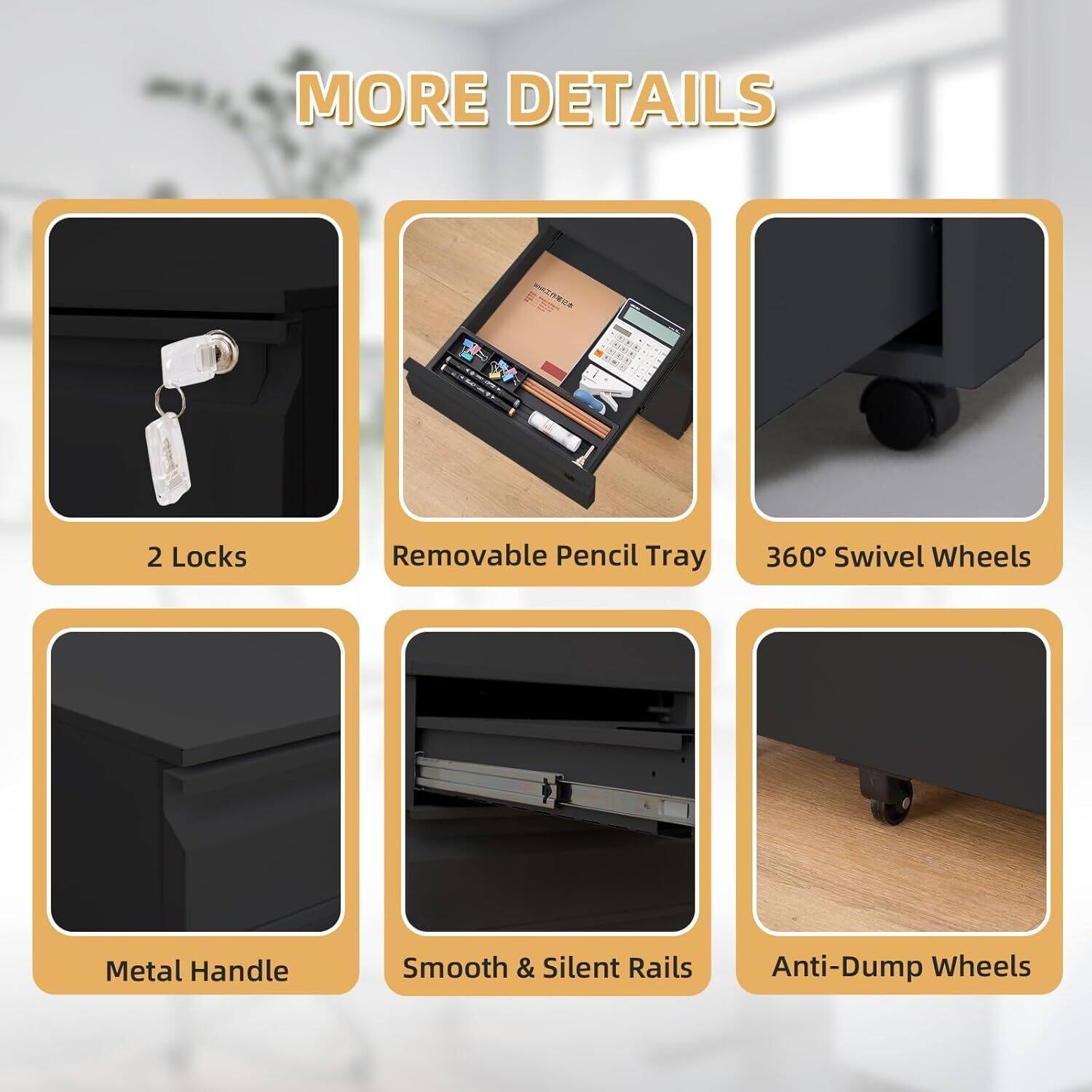 MORE DETAILS

- 2 Locks
- Removable Pencil Tray
- 360° Swivel Wheels
- Metal Handle
- Smooth & Silent Rails
- Anti-Dump Wheels