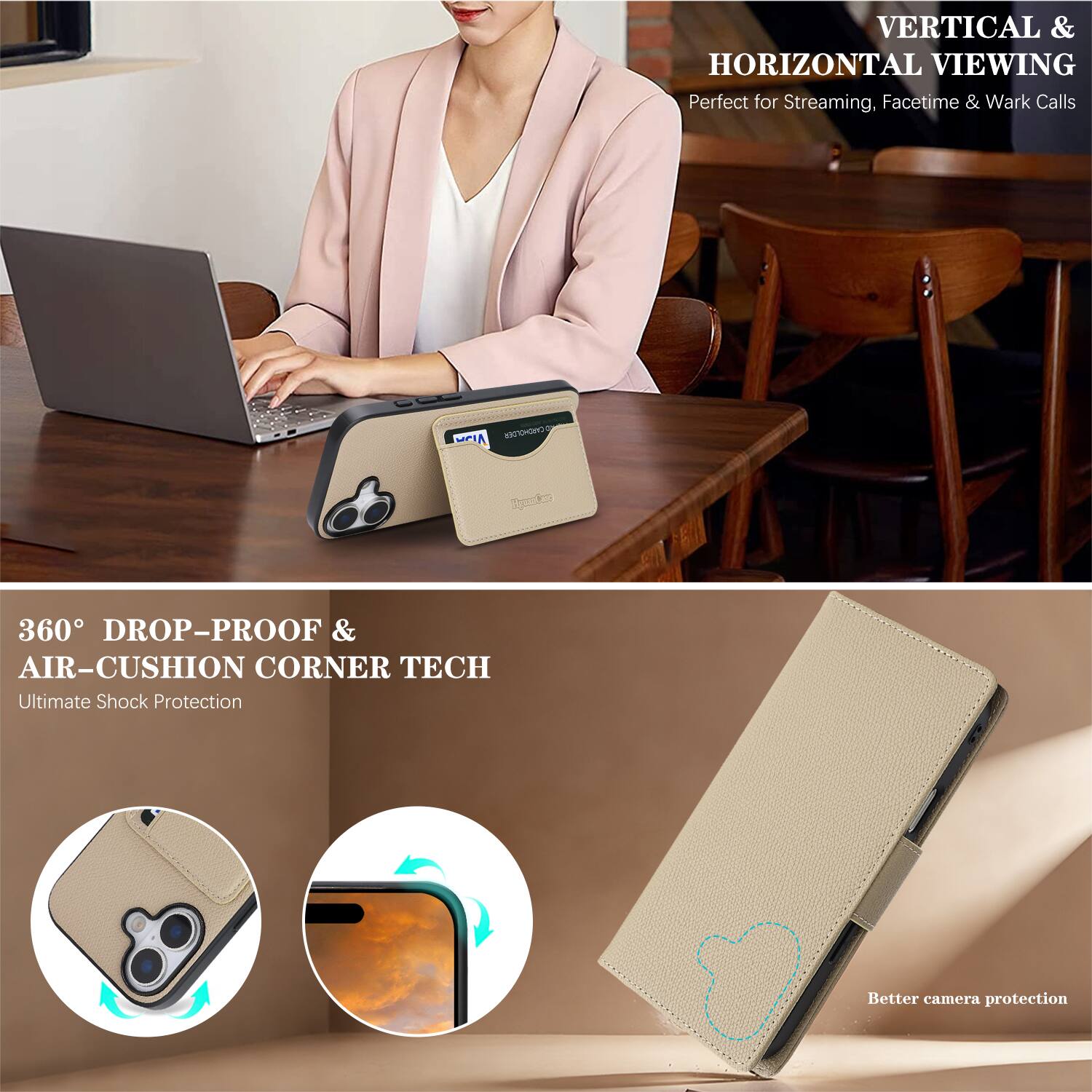 VERTICAL & HORIZONTAL VIEWING  
Perfect for Streaming, Facetime & Work Calls  

360° DROP-PROOF & AIR-CUSHION CORNER TECH  
Ultimate Shock Protection  

Better camera protection