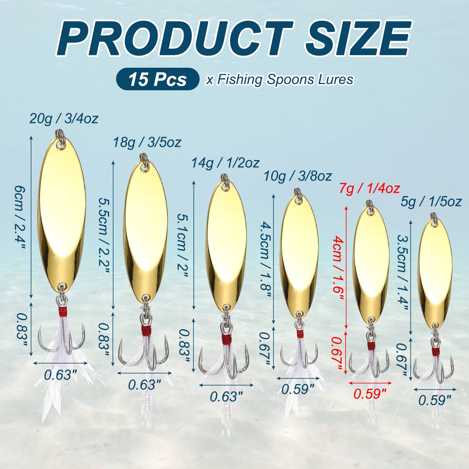 PRODUCT SIZE  
15 Pcs x Fishing Spoons Lures  
20g / 3/4oz  
18g / 3/5oz  
14g / 1/2oz  
10g / 3/8oz  
7g / 1/4oz  
5g / 1/5oz  
6cm / 2.4"  
5.5cm / 2.2"  
5.1cm / 2"  
4.5cm / 1.8"  
4cm / 1.6"  
3.5cm / 1.4"  
0.83"  
0.63"  
0.59"