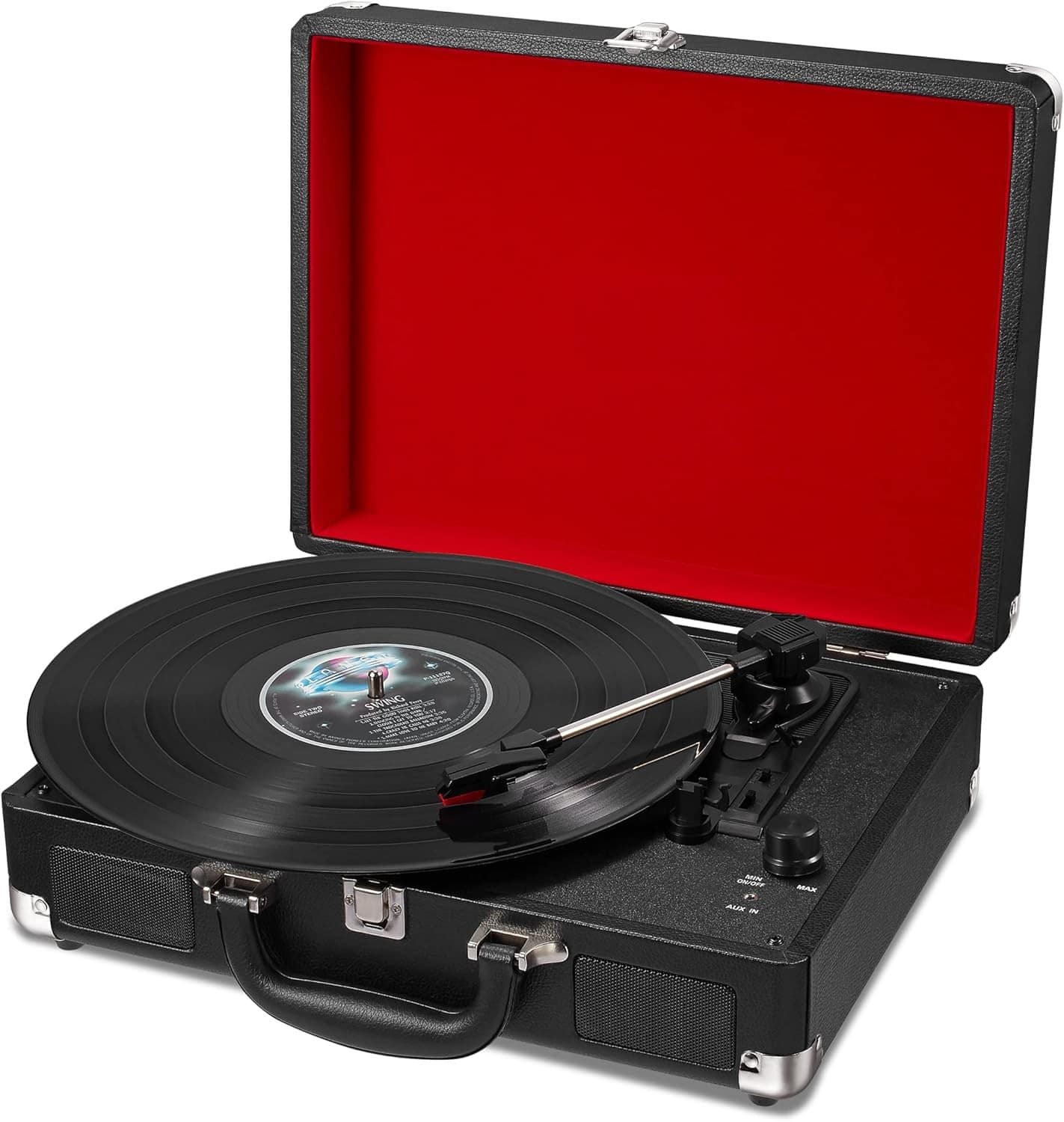 FINEAK - Portable 3-Speed Suitcase Vinyl Record Player with Built-in Speakers - Black