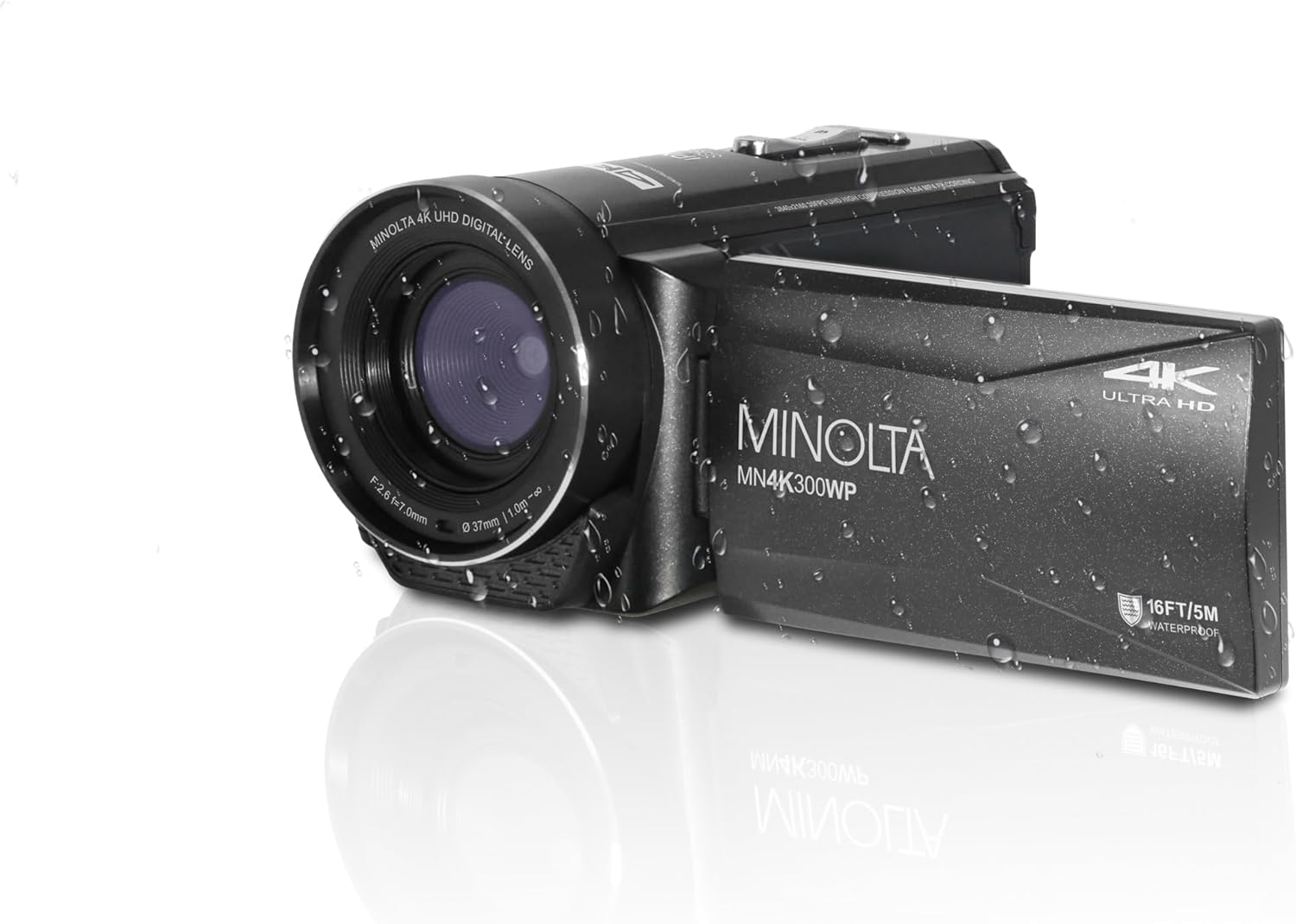 4K UHD MINOLTA DIGITAL LENS F:2.6 1=7.0mm -60 I 1.0g) 37mm 04) MINOLTA MN4K300WP 4K ULTRA HD 16FT/5M WATERPROOF 16FT/5M