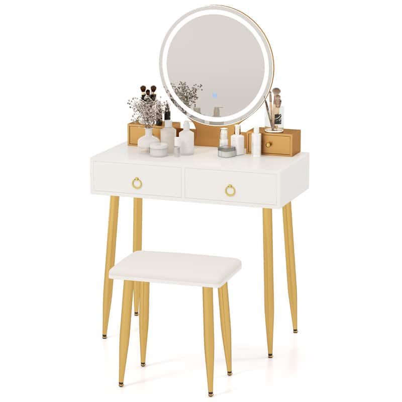 WELLFOR - Makeup Vanity Table Set with 3‑Color Round LED Lighted Mirror, 4 Storage Drawers, Adjustable Foot Pads and Padded Stool - White