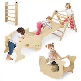 Gymax - 7-in-1 Indoor Climbing Toys for Toddlers w/ Reversible Ramp Sea Lion Rocker - Natural