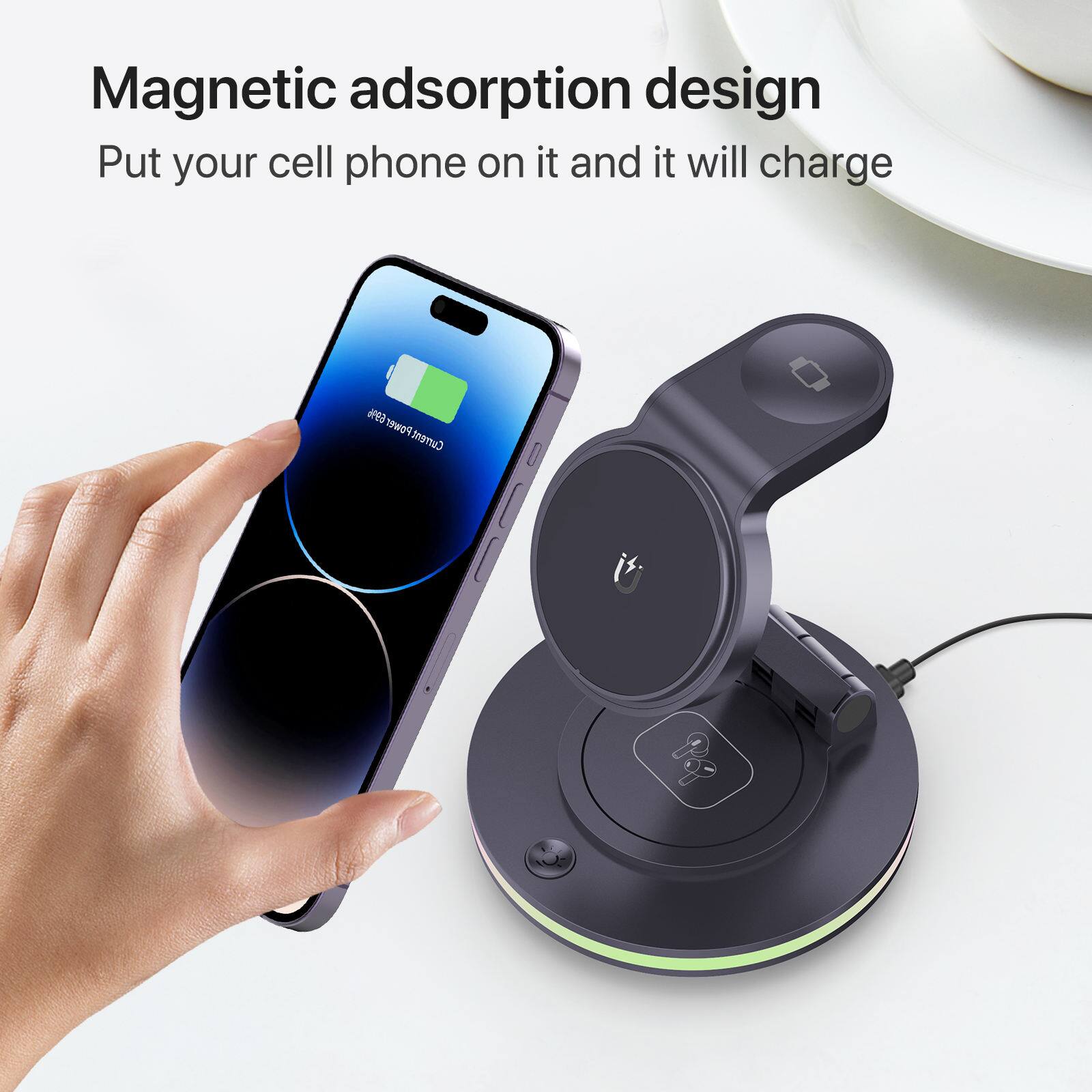 Magnetic adsorption design  
Put your cell phone on it and it will charge