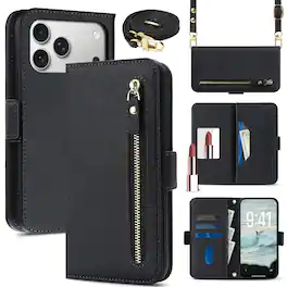 UUCOVER - Flip Wallet Case for Apple iPhone 17 Pro Max with Zipper Pocket, Cash Holder, RFID Card Slots, Mirror and Shoulder Strap - Black