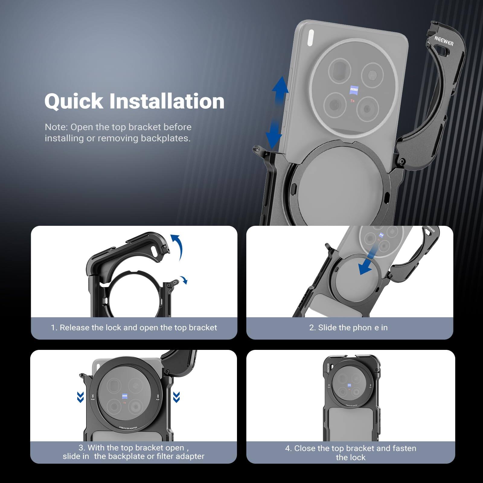 Quick Installation

Note: Open the top bracket before installing or removing backplates.

1. Release the lock and open the top bracket
2. Slide the phone in
3. With the top bracket open, slide in the backplate or filter adapter
4. Close the top bracket and fasten the lock