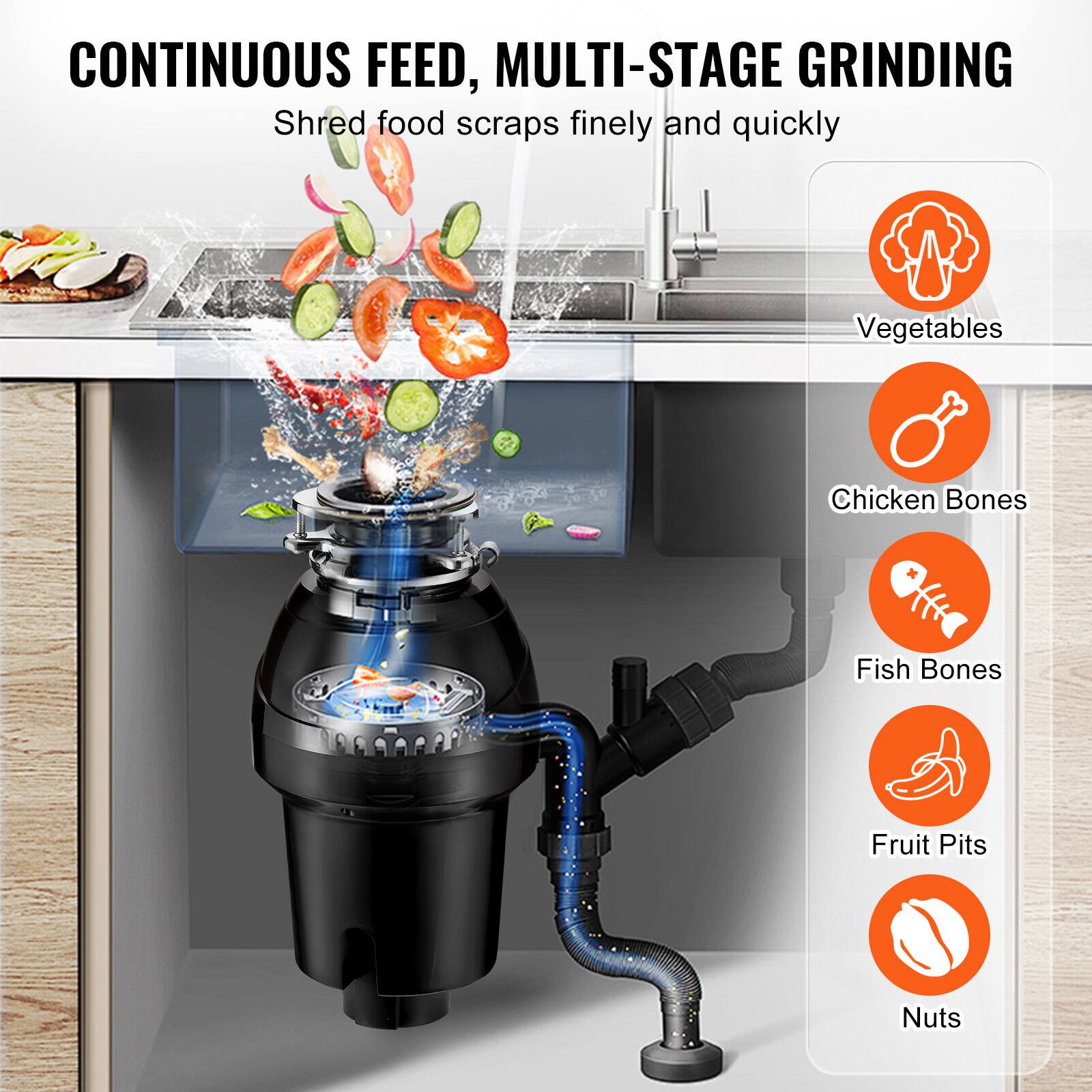 CONTINUOUS FEED, MULTI-STAGE GRINDING  
Shred food scraps finely and quickly  
Vegetables  
Chicken Bones  
Fish Bones  
Fruit Pits  
Nuts