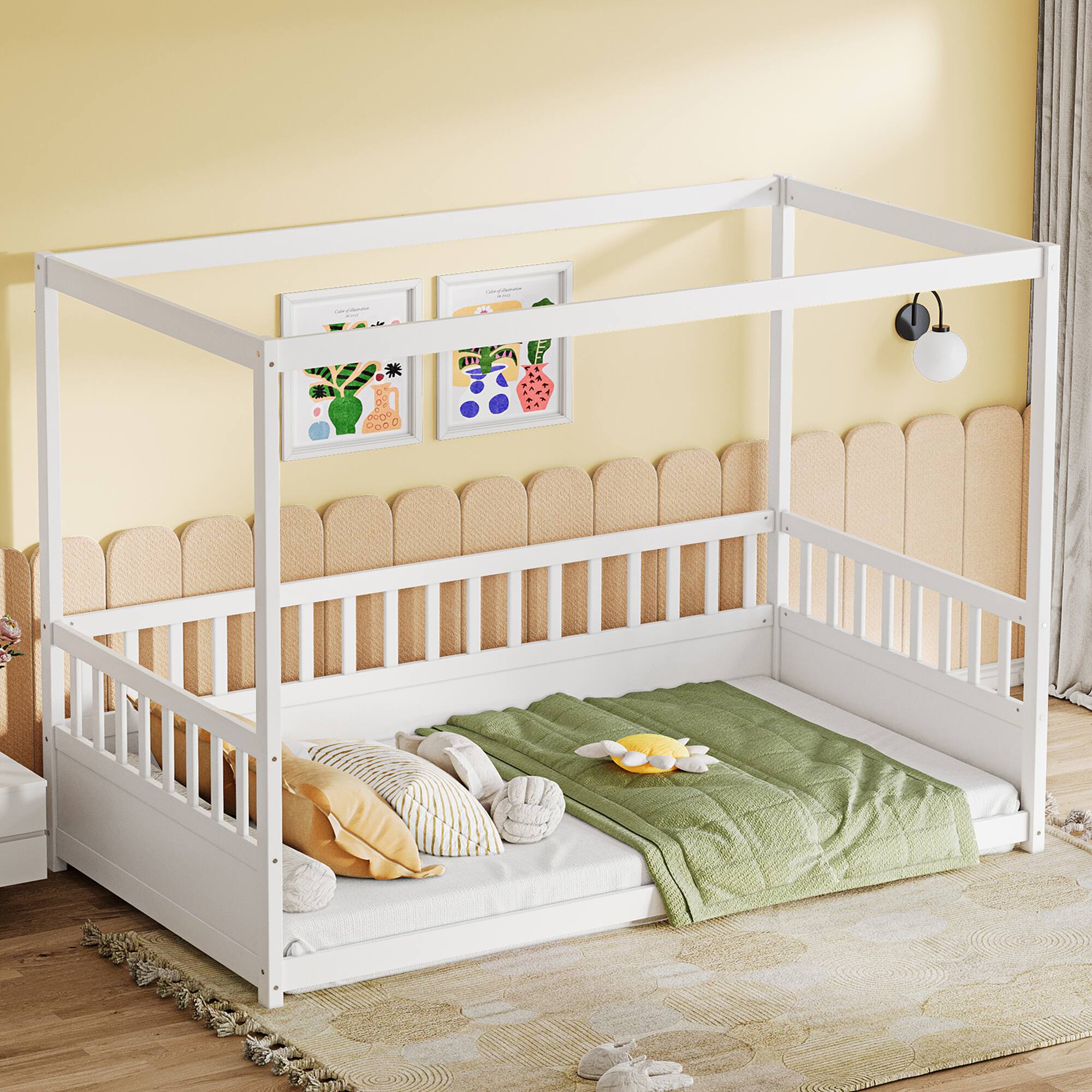 Left. GOODSILO - Twin Canopy Floor Bed with Guardrails, Montessori Wood Frame for Kids - White.
