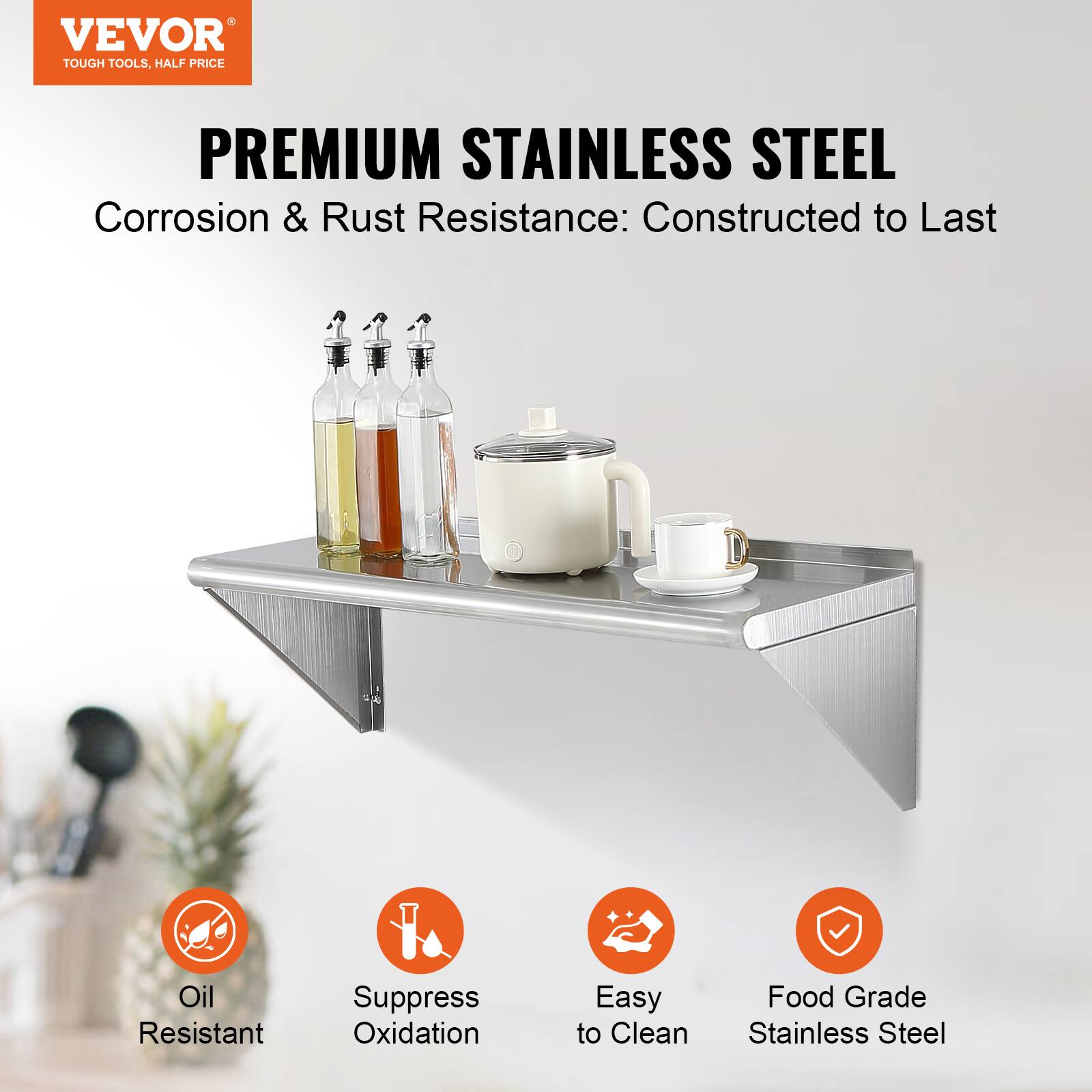 VEVOR  
TOUGH TOOLS, HALF PRICE  

PREMIUM STAINLESS STEEL  
Corrosion & Rust Resistance: Constructed to Last  

- Oil Resistant  
- Suppress Oxidation  
- Easy to Clean  
- Food Grade Stainless Steel
