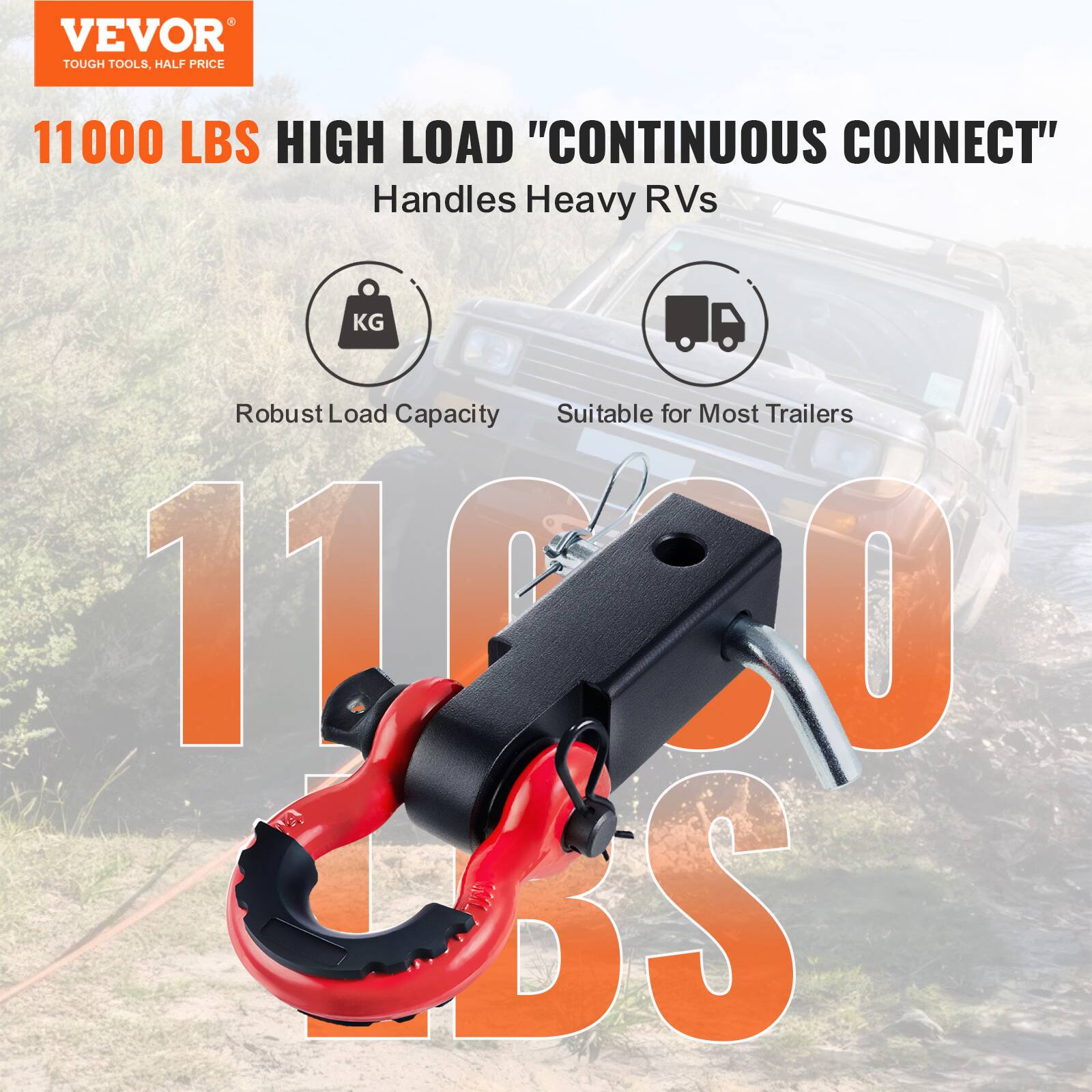 VEVOR  
TOUGH TOOLS, HALF PRICE  

11000 LBS HIGH LOAD "CONTINUOUS CONNECT"  
Handles Heavy RVs  

Robust Load Capacity  
Suitable for Most Trailers  

11000 LBS