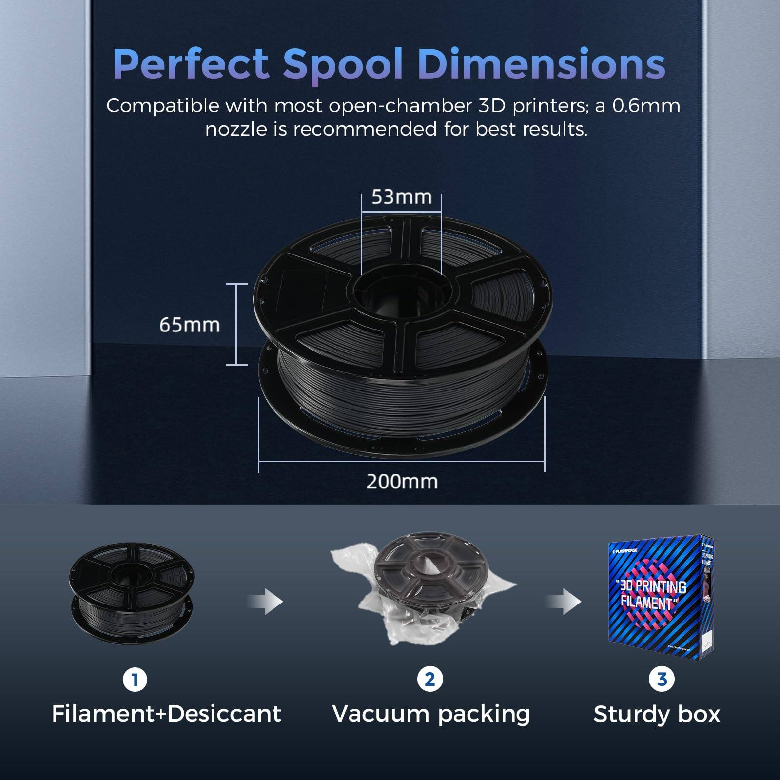 Perfect Spool Dimensions

Compatible with most open-chamber 3D printers; a 0.6mm nozzle is recommended for best results.

53mm  
65mm  
200mm

1. Filament+Desiccant  
2. Vacuum packing  
3. Sturdy box