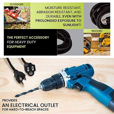 OUTDOORS  
MOISTURE RESISTANT, ABRASION RESISTANT, AND DURABLE, EVEN WITH PROLONGED EXPOSURE TO SUNLIGHT!  

INDOORS  
THE PERFECT ACCESSORY FOR HEAVY DUTY EQUIPMENT  

T 21-21-23-25 PROVIDES AN ELECTRICAL OUTLET FOR HARD-TO-REACH SPACES