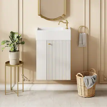 Front. Boyel Living - 18.5 Inch Modern Floating Bathroom Vanity with Resin Sink Left Side Storage MDF Cabinet Soft Close Door Wall Mounted - White.