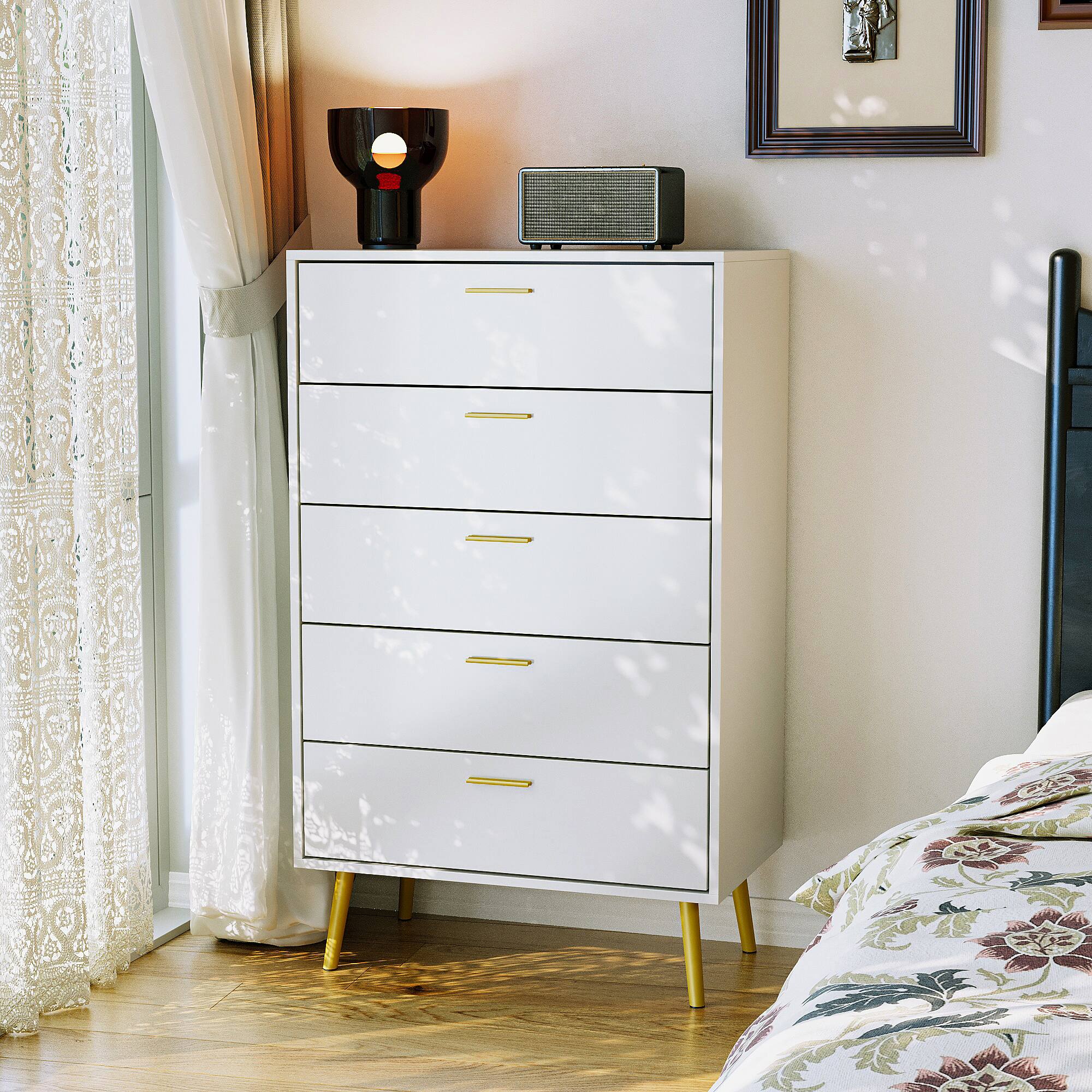 Left. Famapy - 5-Drawer Dresser for Bedroom, Living Room & Apartment – Modern Storage Cabinet with Metal Legs & Anti-Tip Safety - White.
