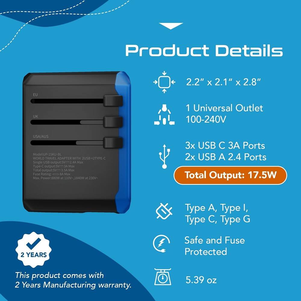 **Product Details**

- **Dimensions:** 2.2" x 2.1" x 2.8"
- **Universal Outlet:** 100-240V
- **USB Ports:**
  - 3x USB C 3A Ports
  - 2x USB A 2.4 Ports
- **Total Output:** 17.5W
- **Compatibility:** Type A, Type I, Type C, Type G
- **Safety:** Safe and Fuse Protected
- **Weight:** 5.39 oz
- **Warranty:** 2 Years Manufacturing warranty

**Model:** UP-15KU-BL  
**Description:** WORLD TRAVEL ADAPTER WITH 2USB +2TYPE-C  
- **Single USB Output:** 5V-2.4A Max  
- **Type-C Output:** 5V-3A Max  
- **Total Output:** 5V-3.5A Max  
- **Max. Power:** 800W at 110V, 1840W at 230V