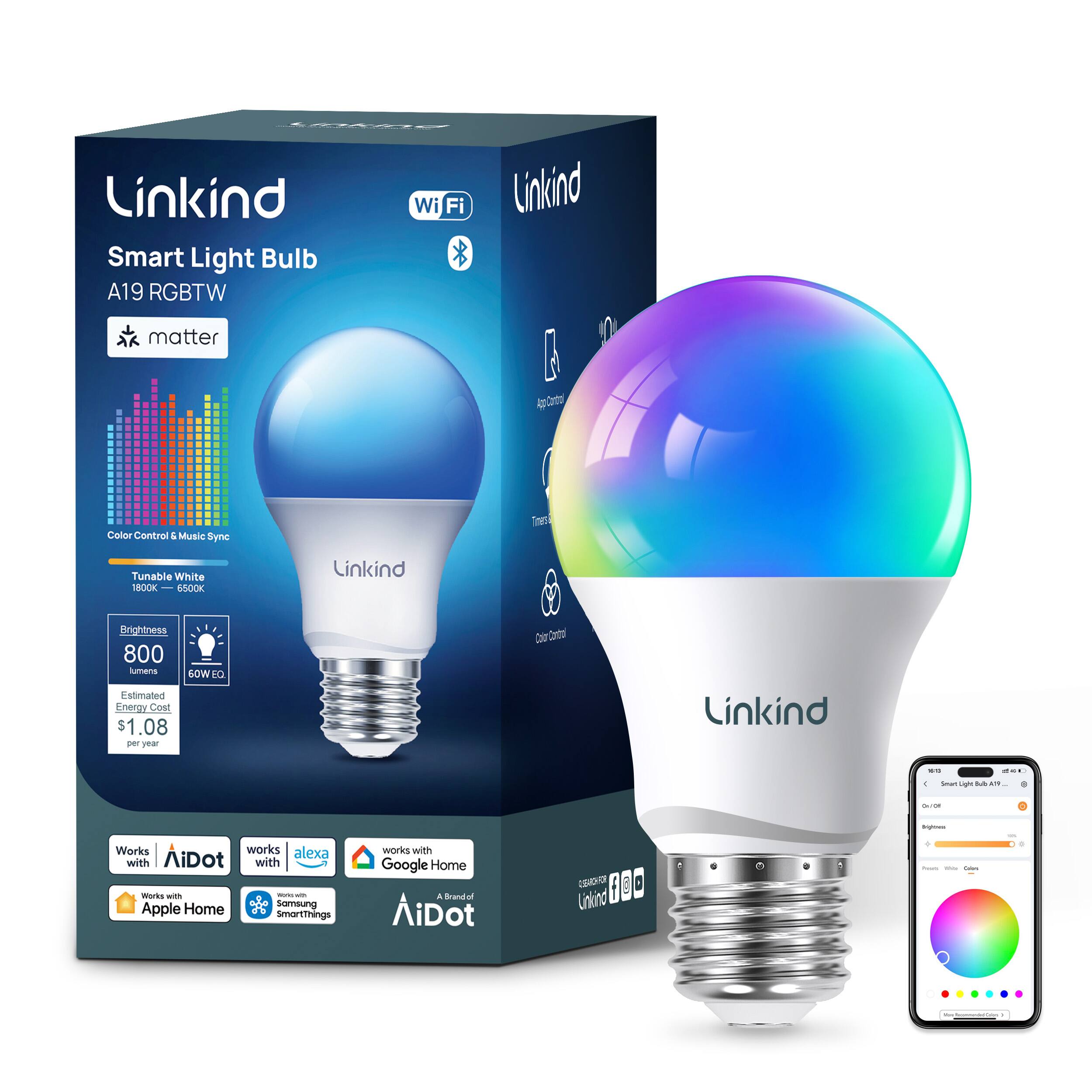 Linkind - A19 Smart LED Bulb, Matter Compatible, Color Changing (3 Pack) - White