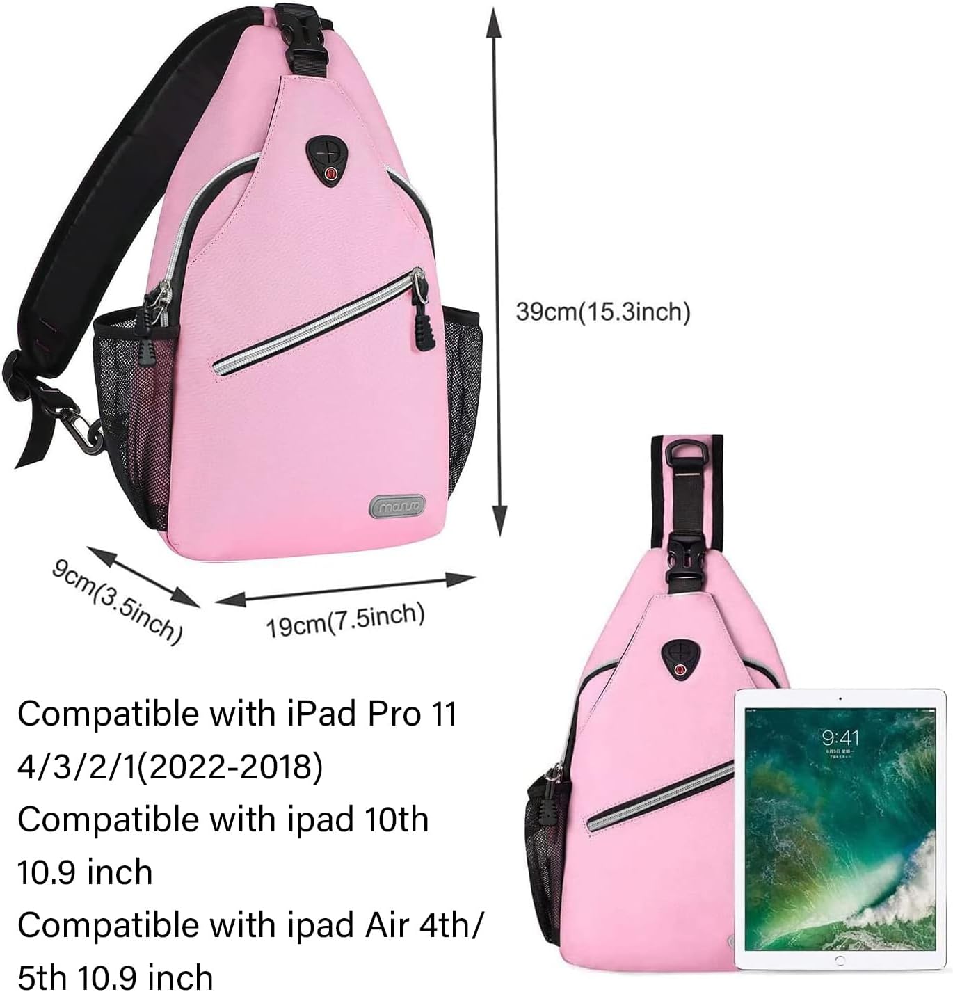 39cm (15.3 inch)  
9cm (3.5 inch)  
19cm (7.5 inch)  

Compatible with iPad Pro 11 4/3/2/1 (2022-2018)  
Compatible with iPad 10th 10.9 inch  
Compatible with iPad Air 4th/5th 10.9 inch