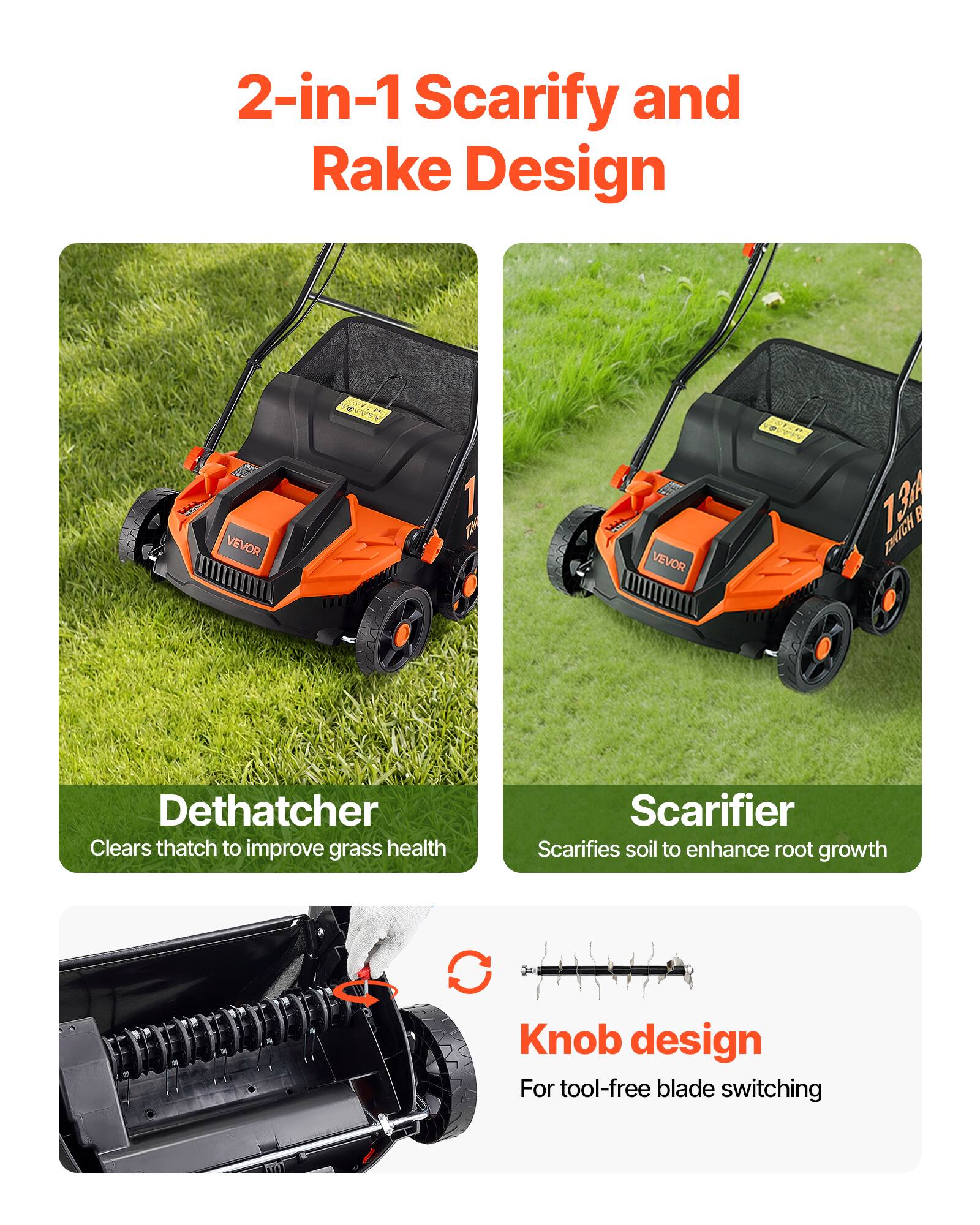 2-in-1 Scarify and Rake Design

VEVOR

13 DRIGH

Dethatcher Clears thatch to improve grass health

Scarifier Scarifies soil to enhance root growth

Knob design For tool-free blade switching