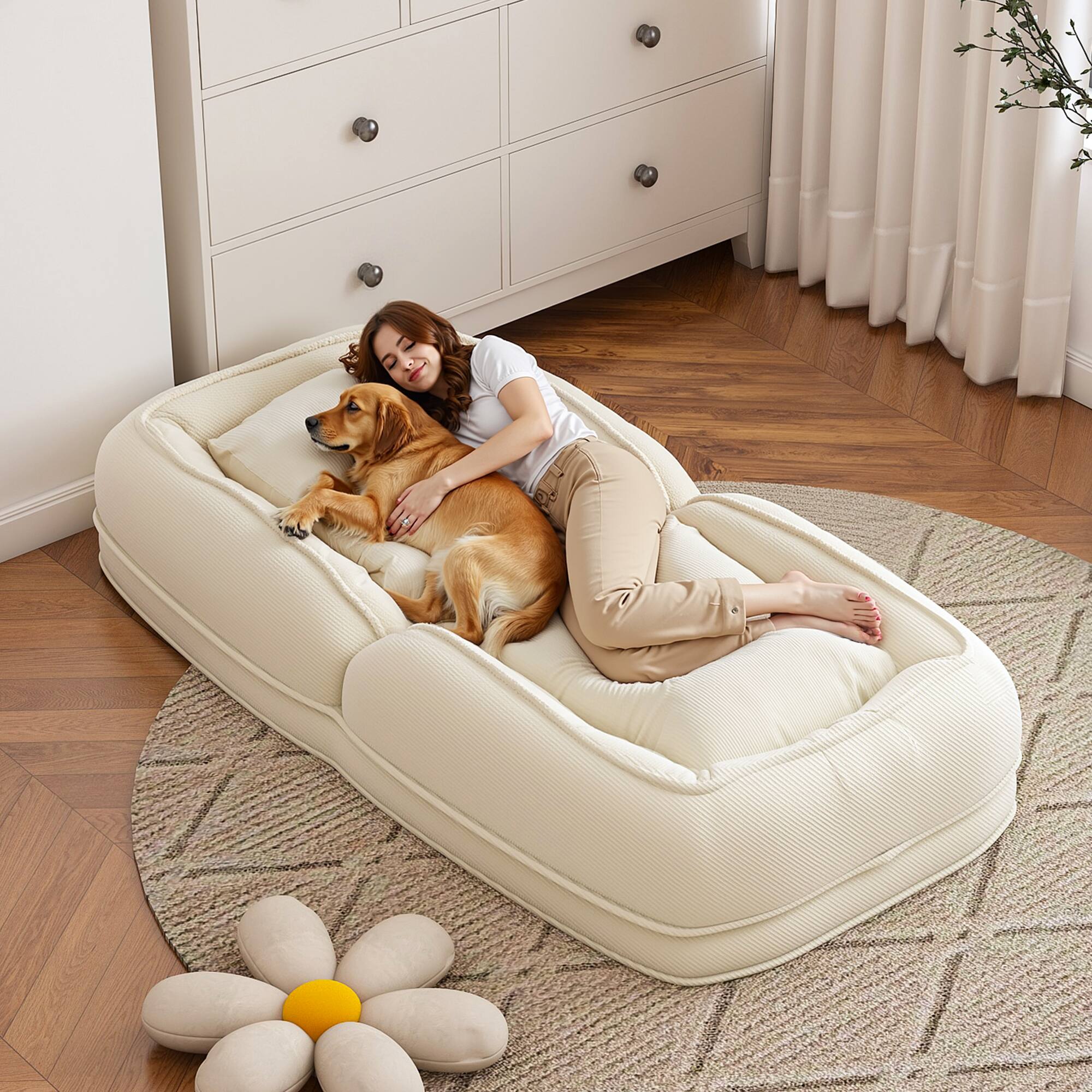Left. APRILSOUL - Upholstered Human Dog Bed Foldable Lazy Sofa 5 Adjustable Positions 2 Soft Pillows Off White - White.