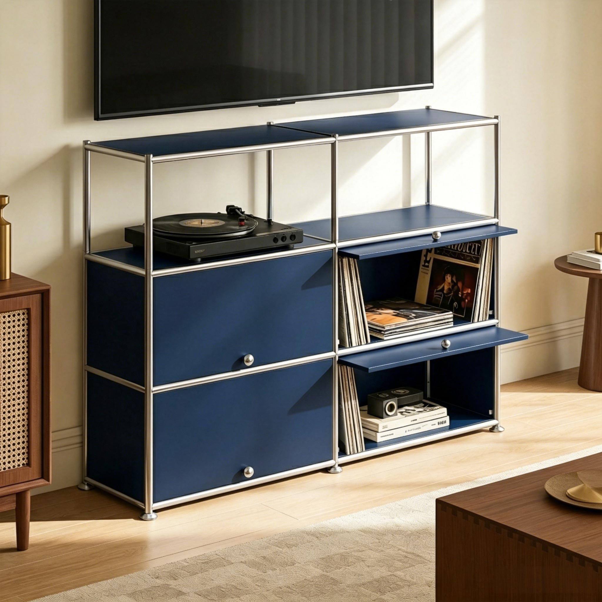 Left. Malletson - 4 Tier Metal Sideboard Buffet Twin Row Storage Cabinet with Flip Up Doors and Adjustable Feet for Dining Room Kitchen - Navy.
