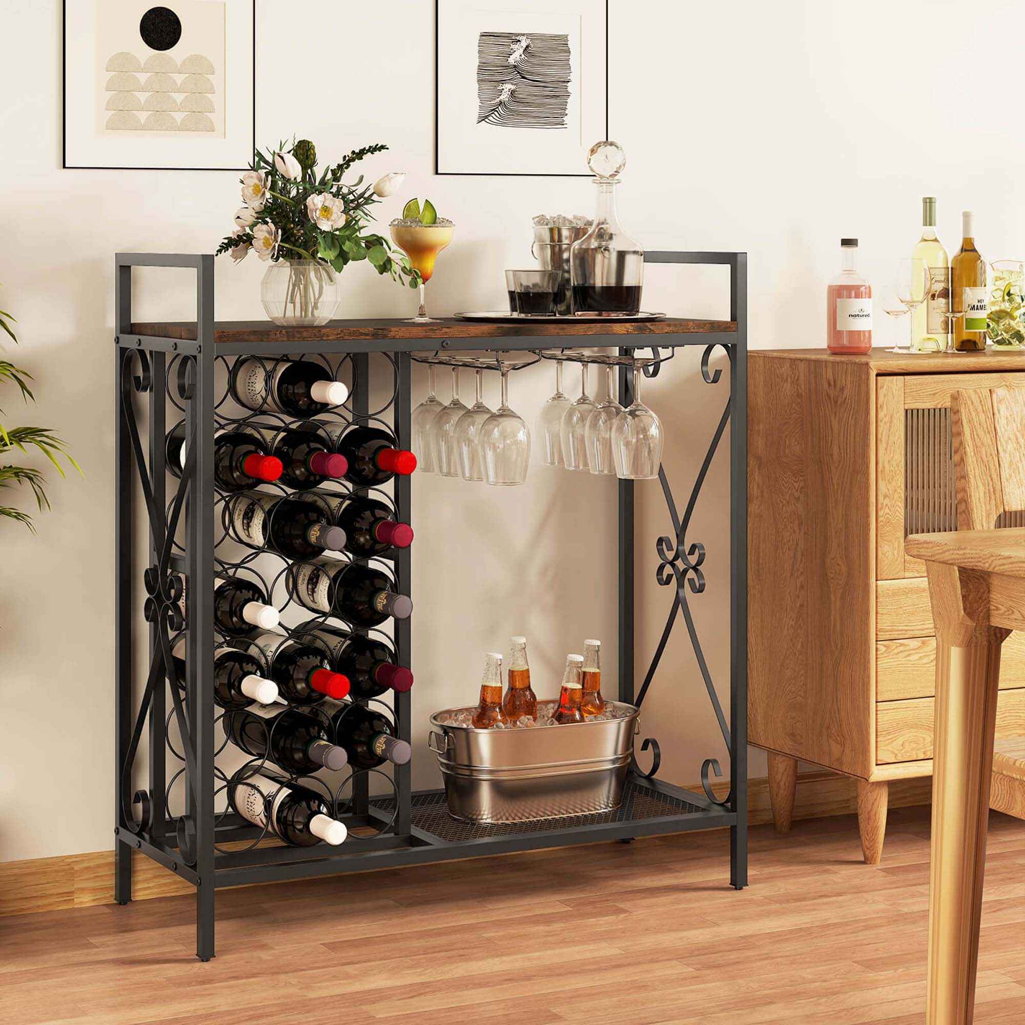 Alt View 4. Costway - Costway 21 Bottle Wine Rack Freestanding Floor Wine Bottle Organizer with Storage Shelf - Brown.