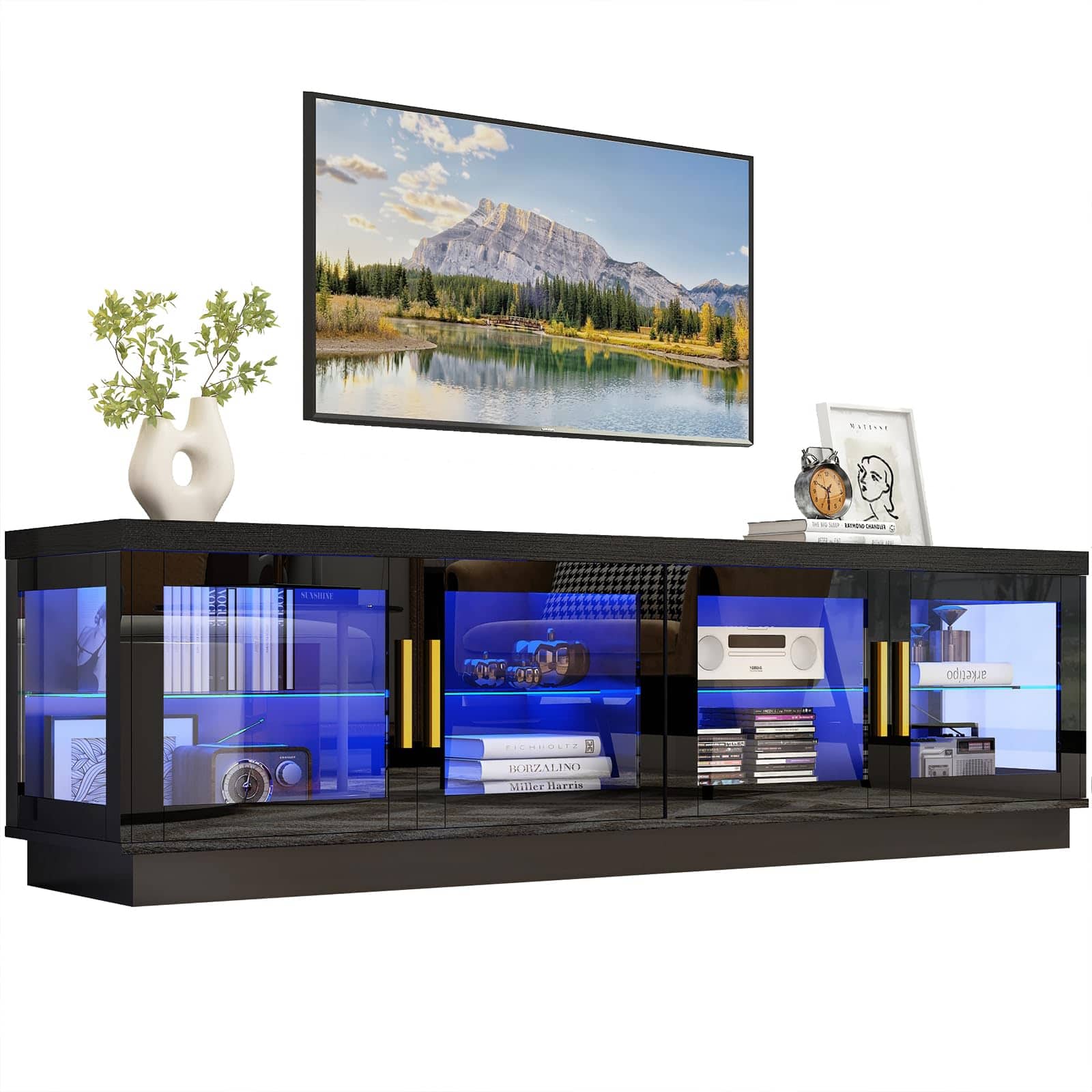 Espafurni - 71IN High Gloss LED TV Stand for 85/80/75" TVs - Living Room & Gaming, w/Storage & RGB LED - Black